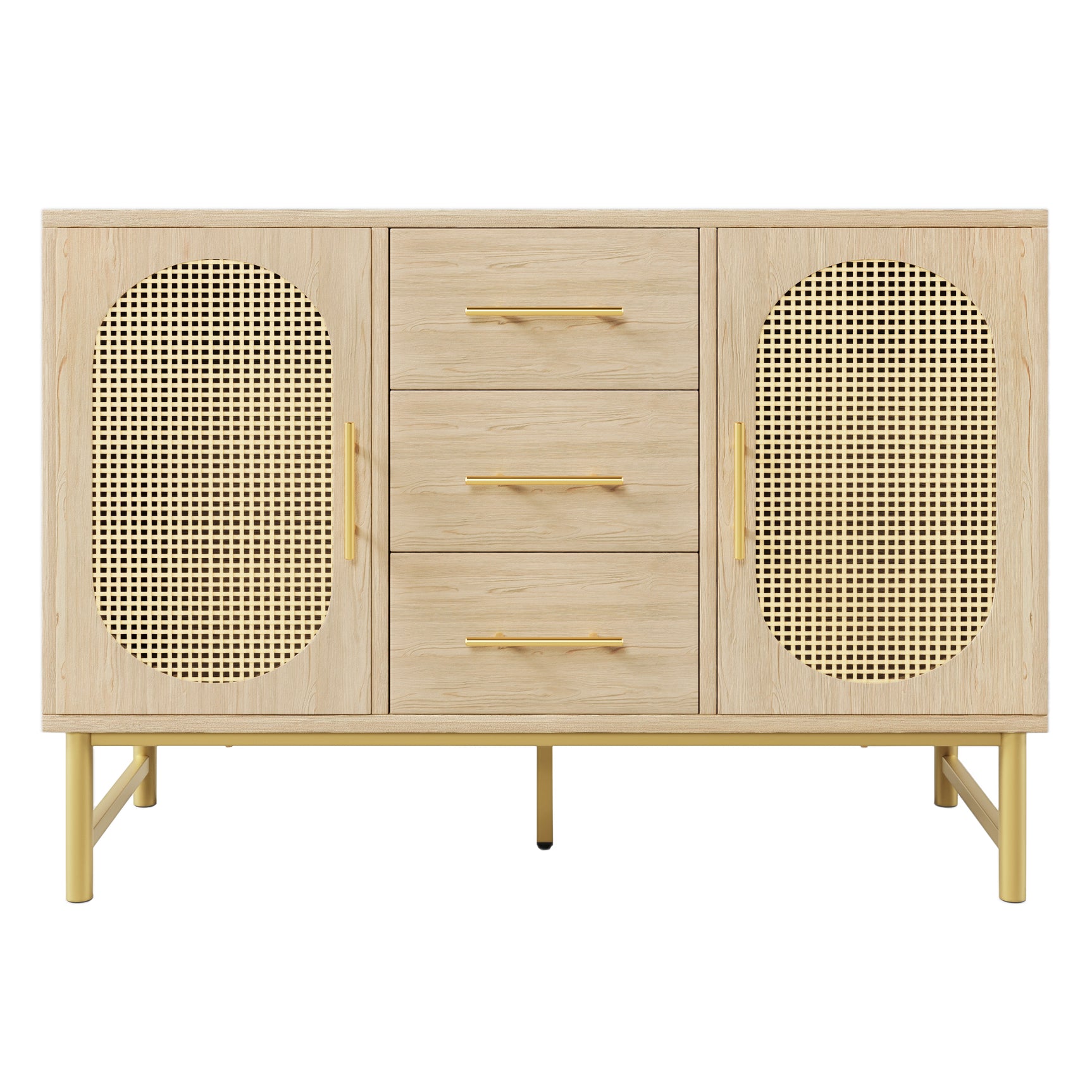 Eichen-Caning-Buffet mit 3 Schubladen, 2 Türen, einstellbaren Regalen und Anti-Breeching-Geräte-120 × 40 × 74 cm