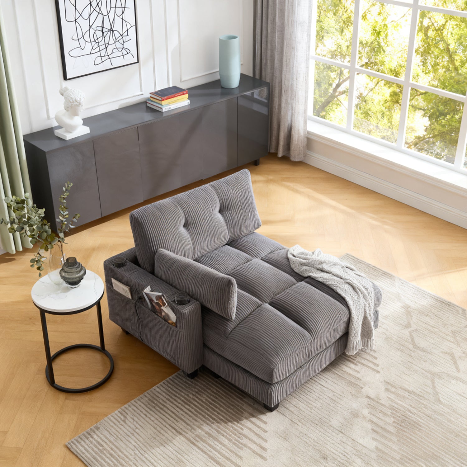 Canapé lounge moderne en velours côtelé avec porte-gobelets et poche latérale, gris