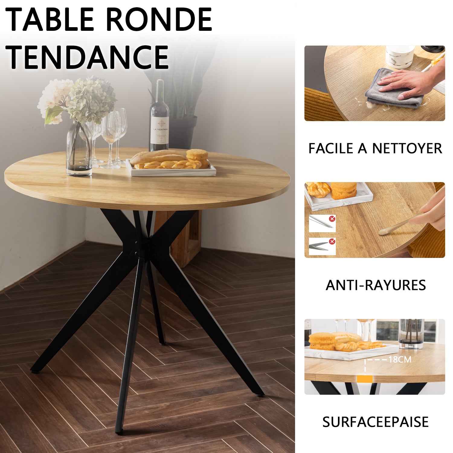 Ensemble table à manger ronde en chêne avec pieds en forme de X et 2 fauteuils en tissu beige de style scandinave pour salle à manger