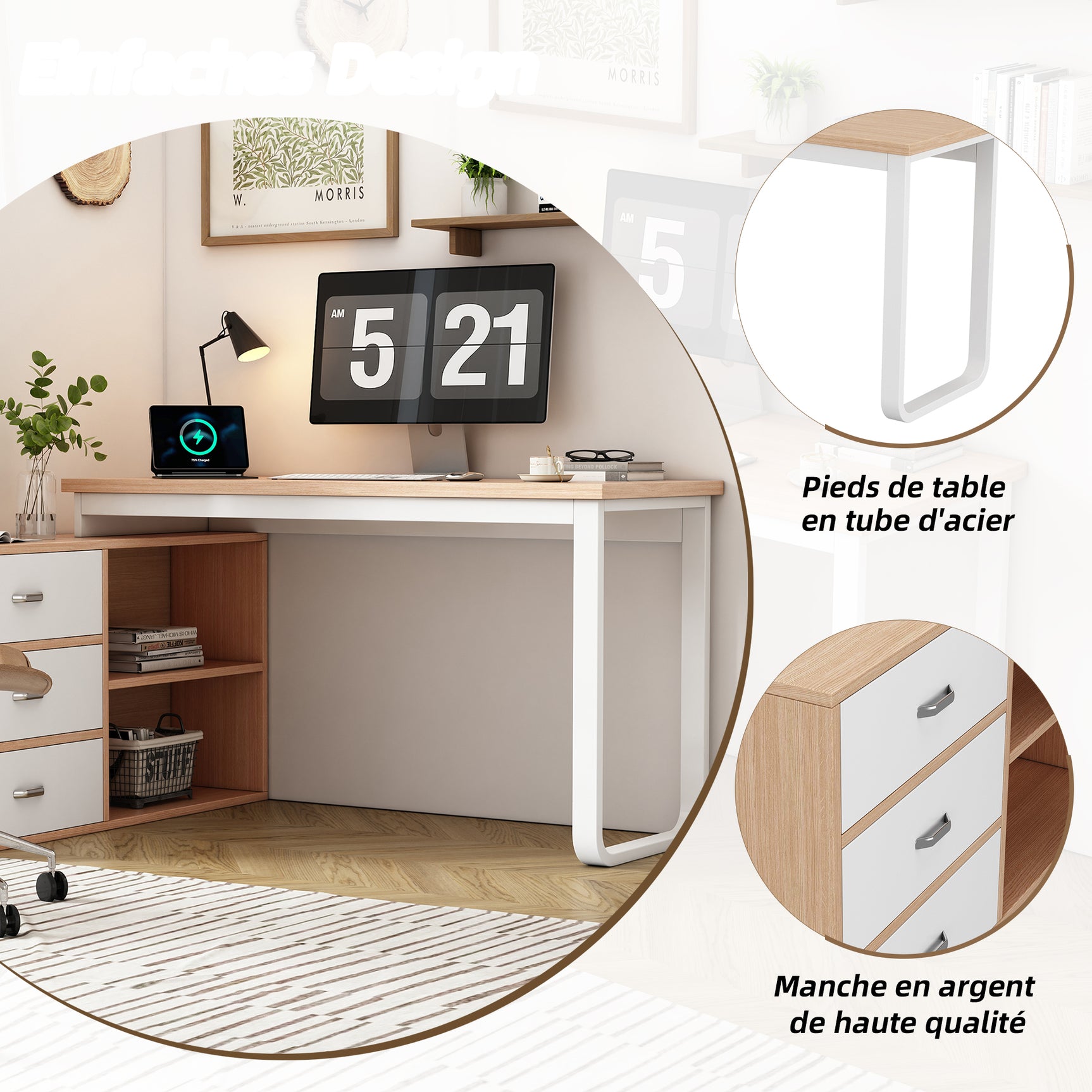 Bureau simple en bois naturel avec 3 tiroirs et 2 niches ouvertes â€?147×100×75,3 cm