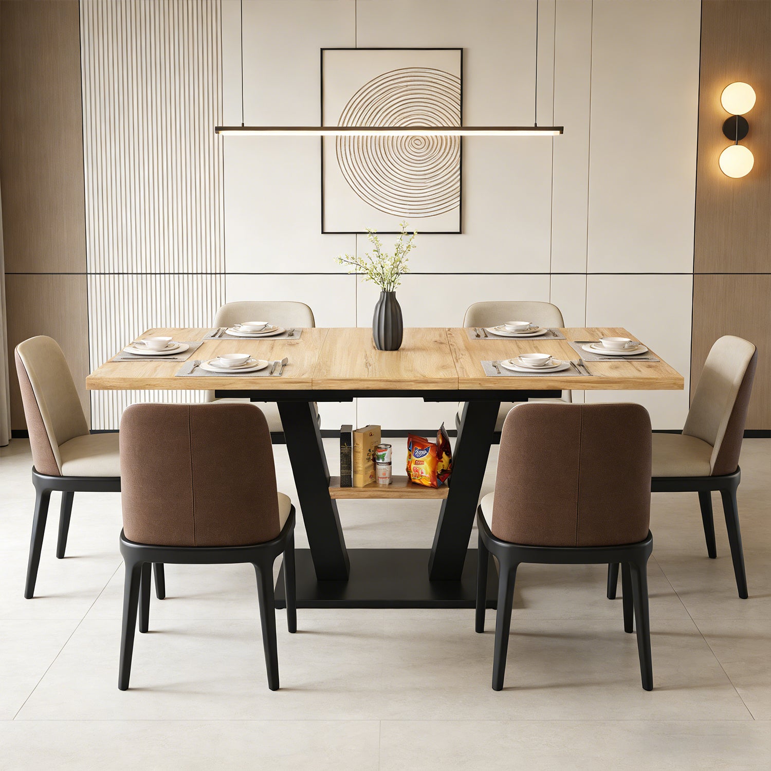 Table à manger télescopique extensible aspect bois avec pieds en croix