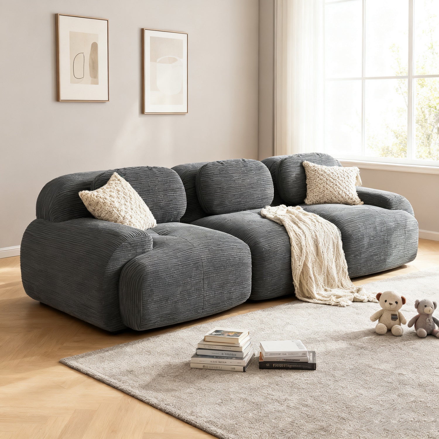 2-seater sofa bed in dark gray fabric with side pockets, modern convertible sofa