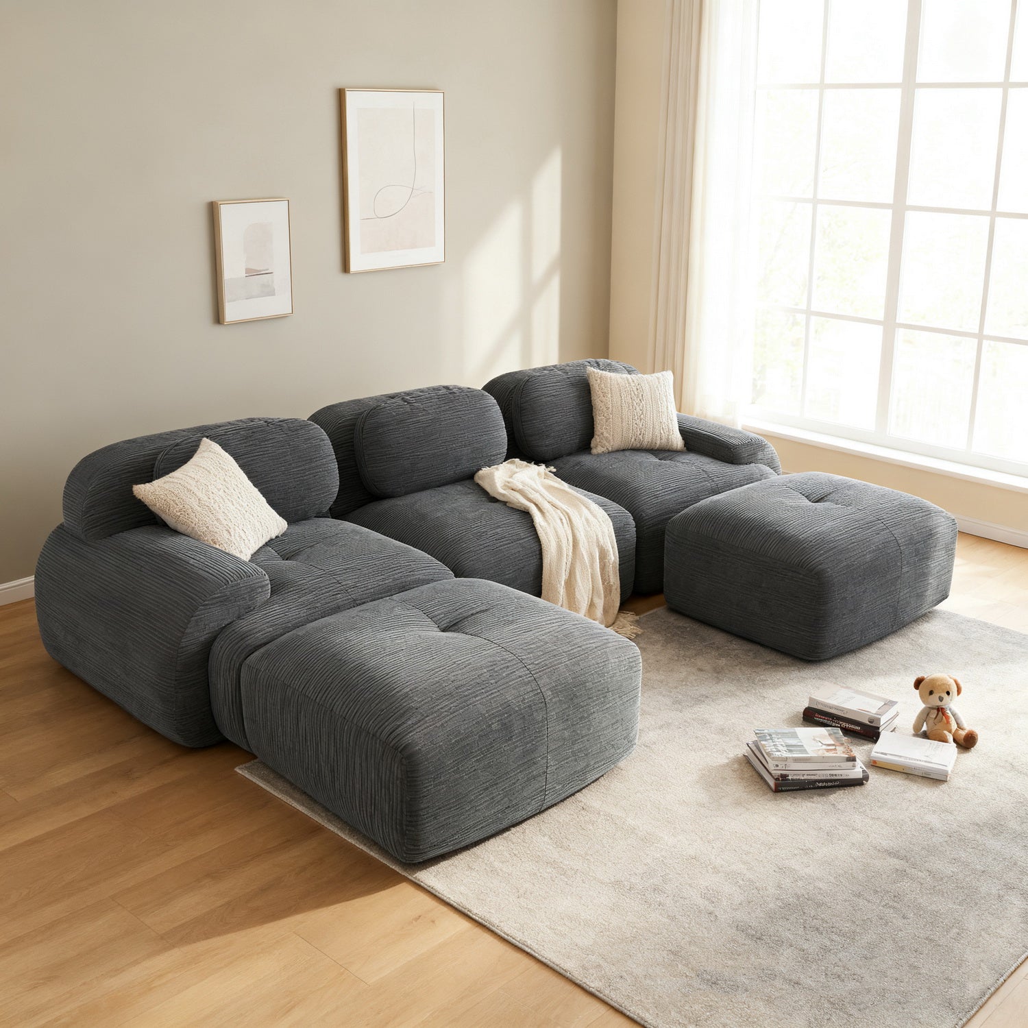2-Sitzer-Schlafsofa aus dunkelgrauem Stoff mit Seitentaschen, modernes Schlafsofa