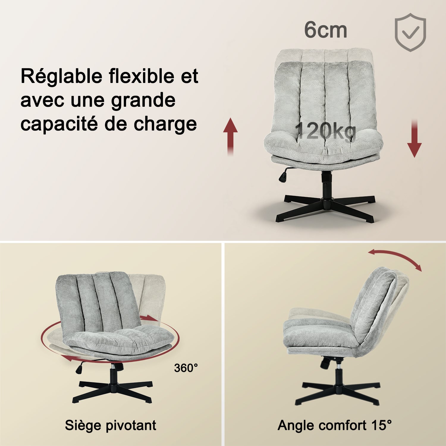 Fauteuil de relaxation réglable et pivotant avec accoudoirs et assise épaisse en chenille gris - CONFOD