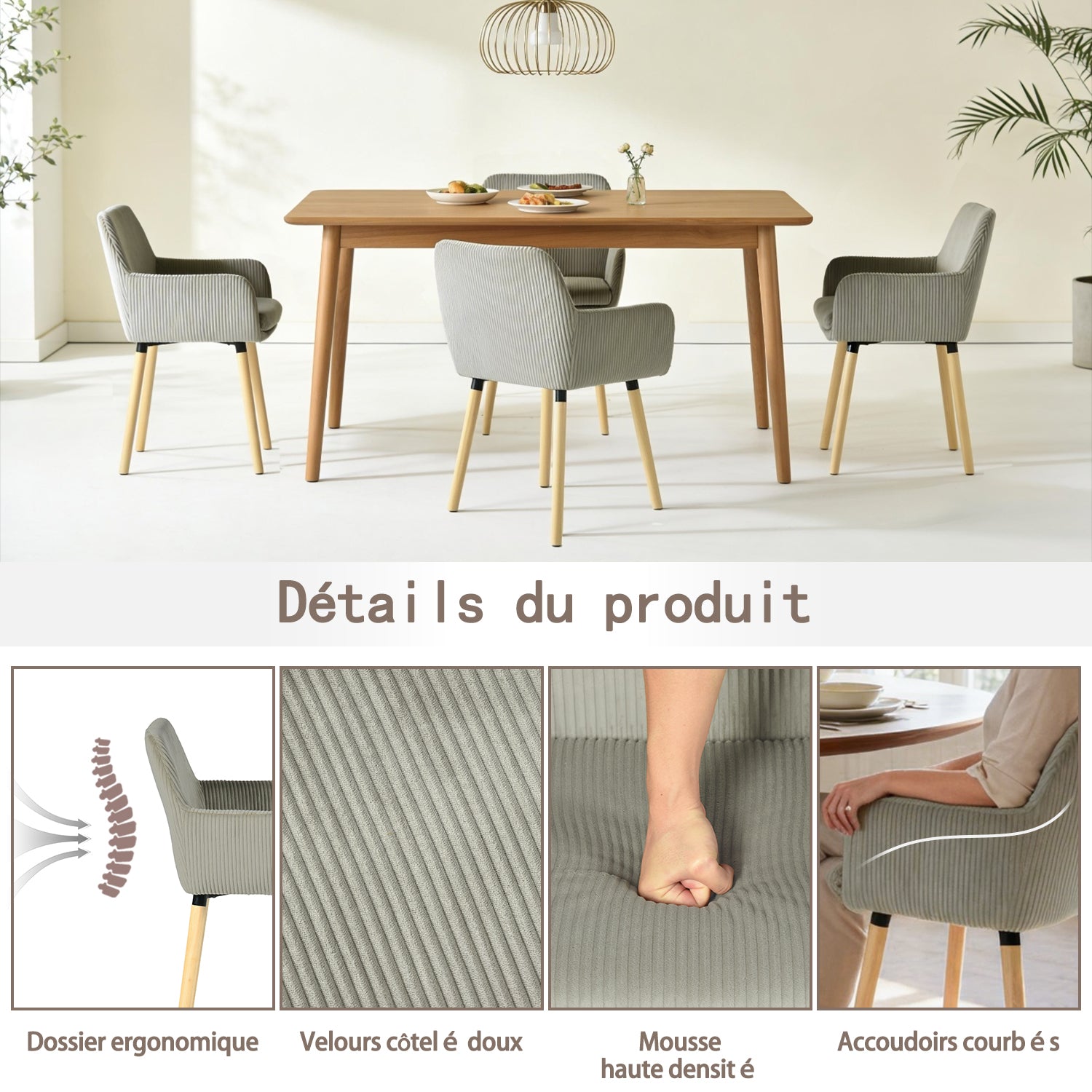 Lot de 6 chaises de salle à manger de style scandinave avec pieds en bois et accoudoirs en velours côtelé gris - ELIA