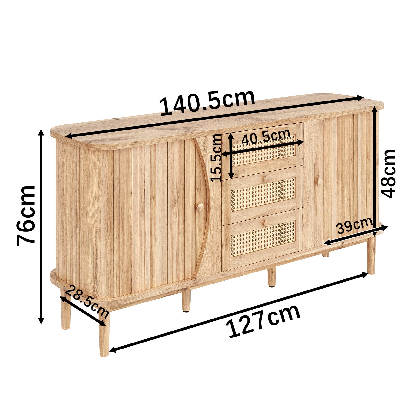 Holzbuffet mit Schiebetüren, 3 verstellbare Schubladen und Regale, abgerundete Tablett