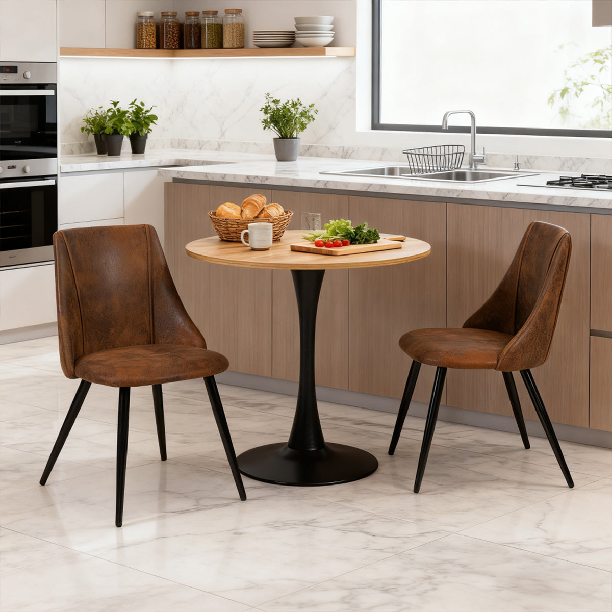 Round Table Table Table Table Timber Ø80 cm with 4 black velvet chairs, modern and comfortable style