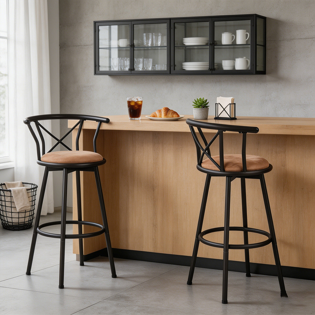 Lot de 2 tabourets de bar industriels pivotants avec dossier en tissu marron - HAILEY 29