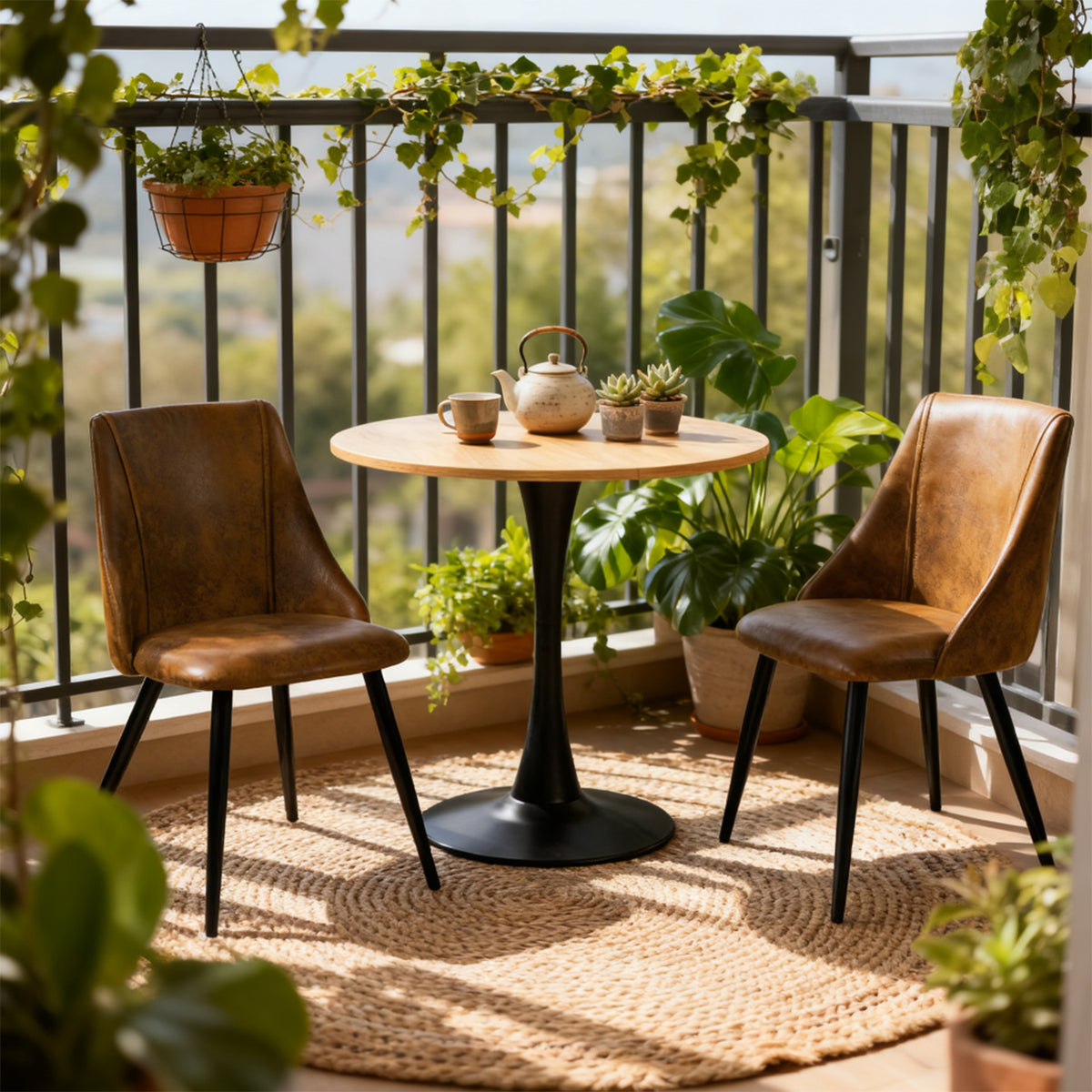 Round Table Table Table Table Timber Ø80 cm with 4 black velvet chairs, modern and comfortable style
