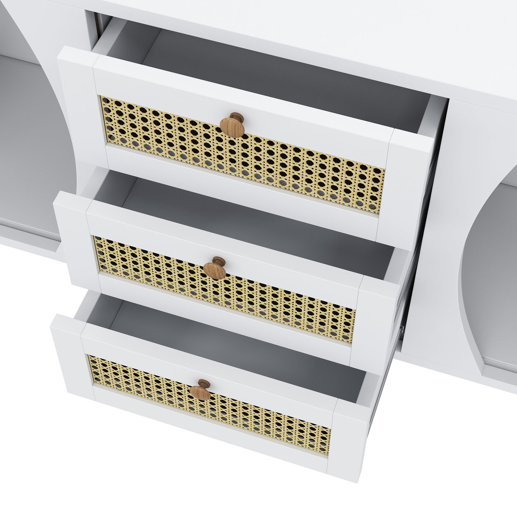 Buffet blanc moderne avec 3 tiroirs en rotin et portes coulissantes