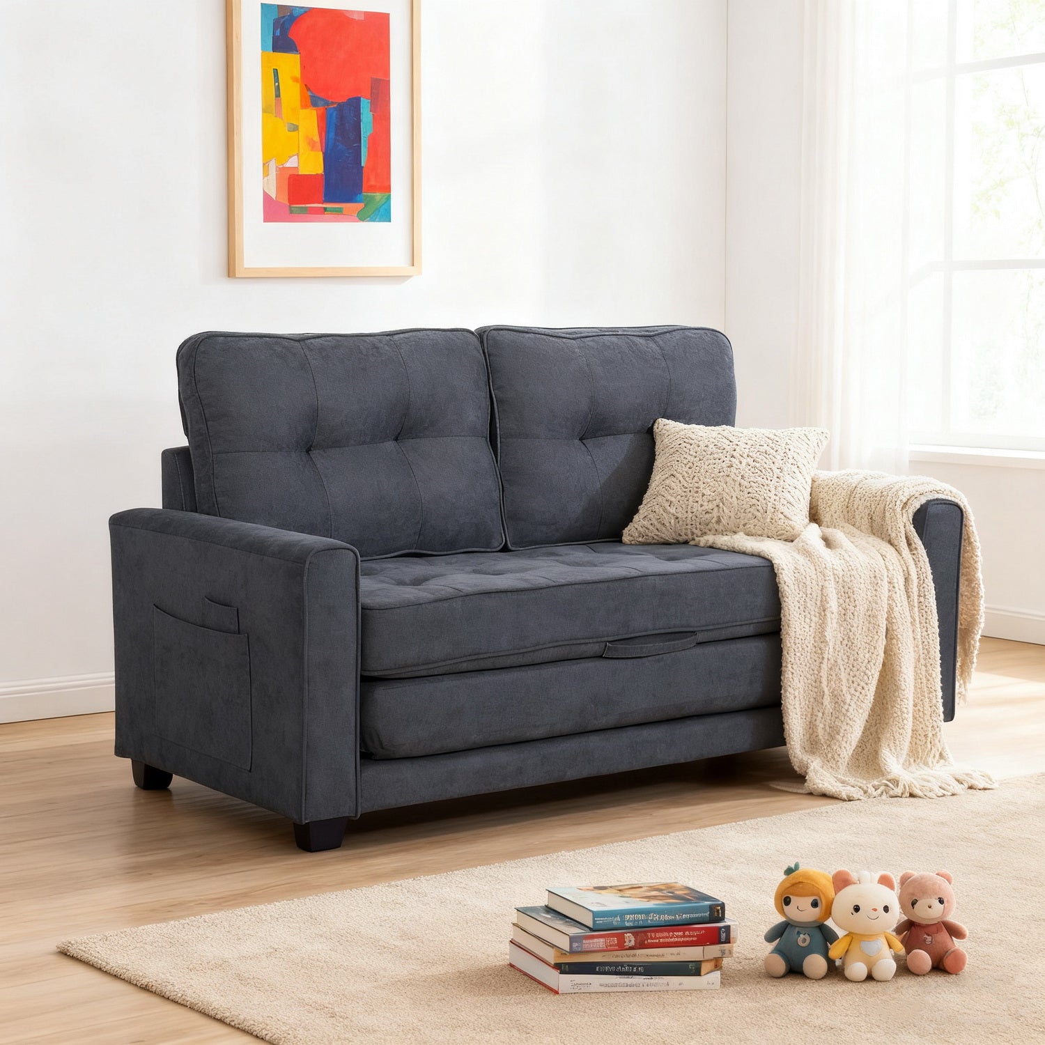 2-Sitzer-Schlafsofa aus dunkelgrauem Stoff mit Seitentaschen, modernes Schlafsofa