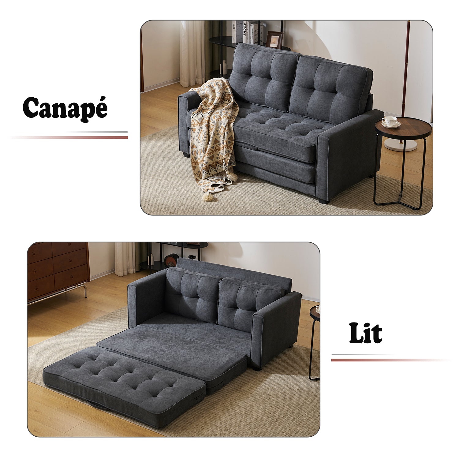 2-Sitzer-Schlafsofa aus dunkelgrauem Stoff mit Seitentaschen, modernes Schlafsofa