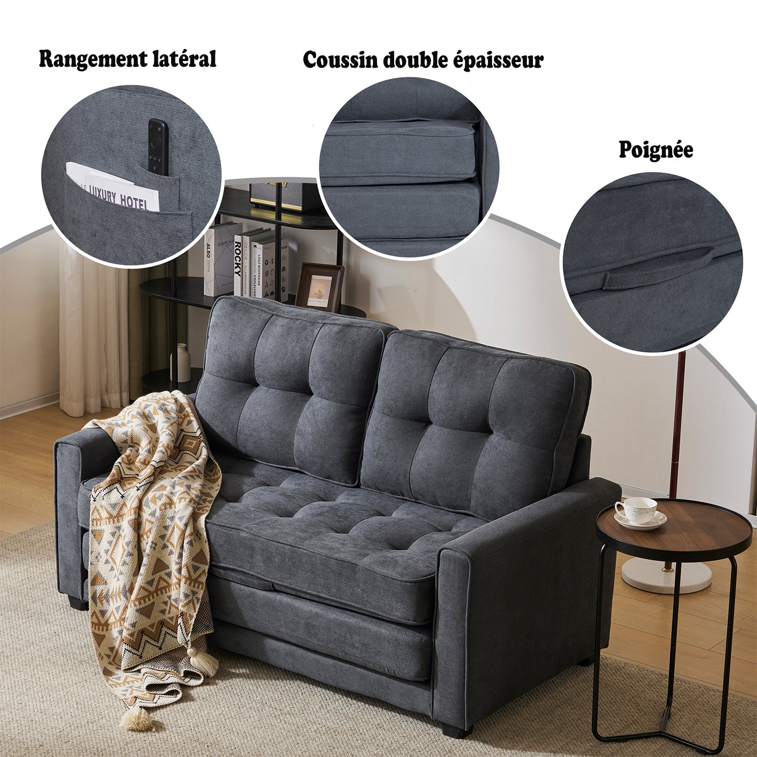 2-Sitzer-Schlafsofa aus dunkelgrauem Stoff mit Seitentaschen, modernes Schlafsofa