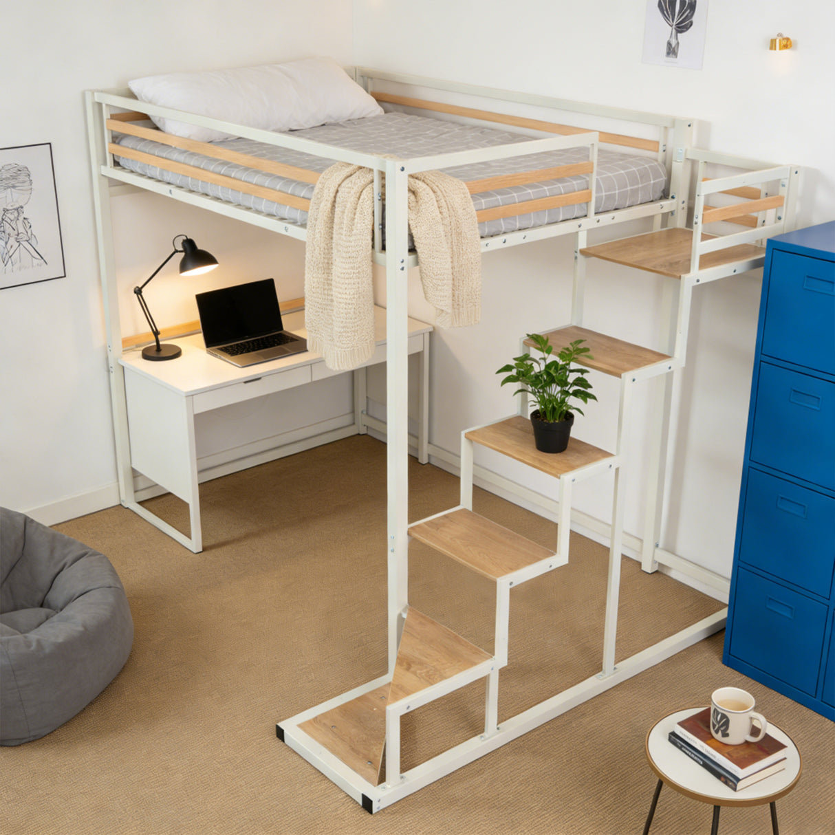 2 -seerer Mezzanine -Bett (140x200) mit Lattenboxen mit industriellem Weiß- und Holzstil (Matratze nicht enthalten) - Up