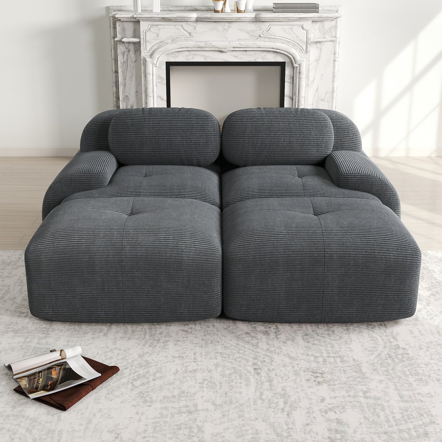 2-Sitzer-Schlafsofa aus dunkelgrauem Stoff mit Seitentaschen, modernes Schlafsofa
