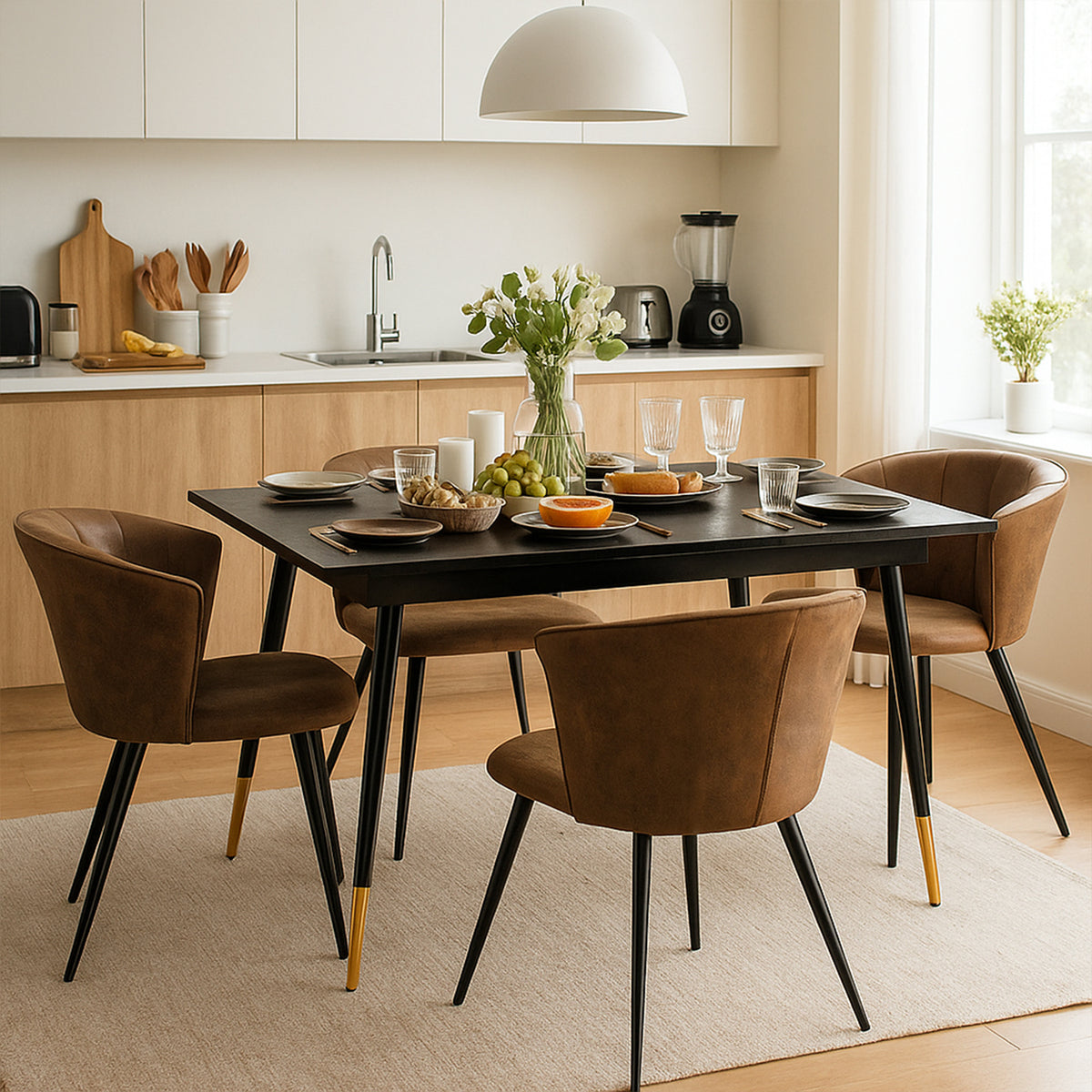 Ensemble de salle à manger comprenant une table extensible et 4 chaises en suédine marron