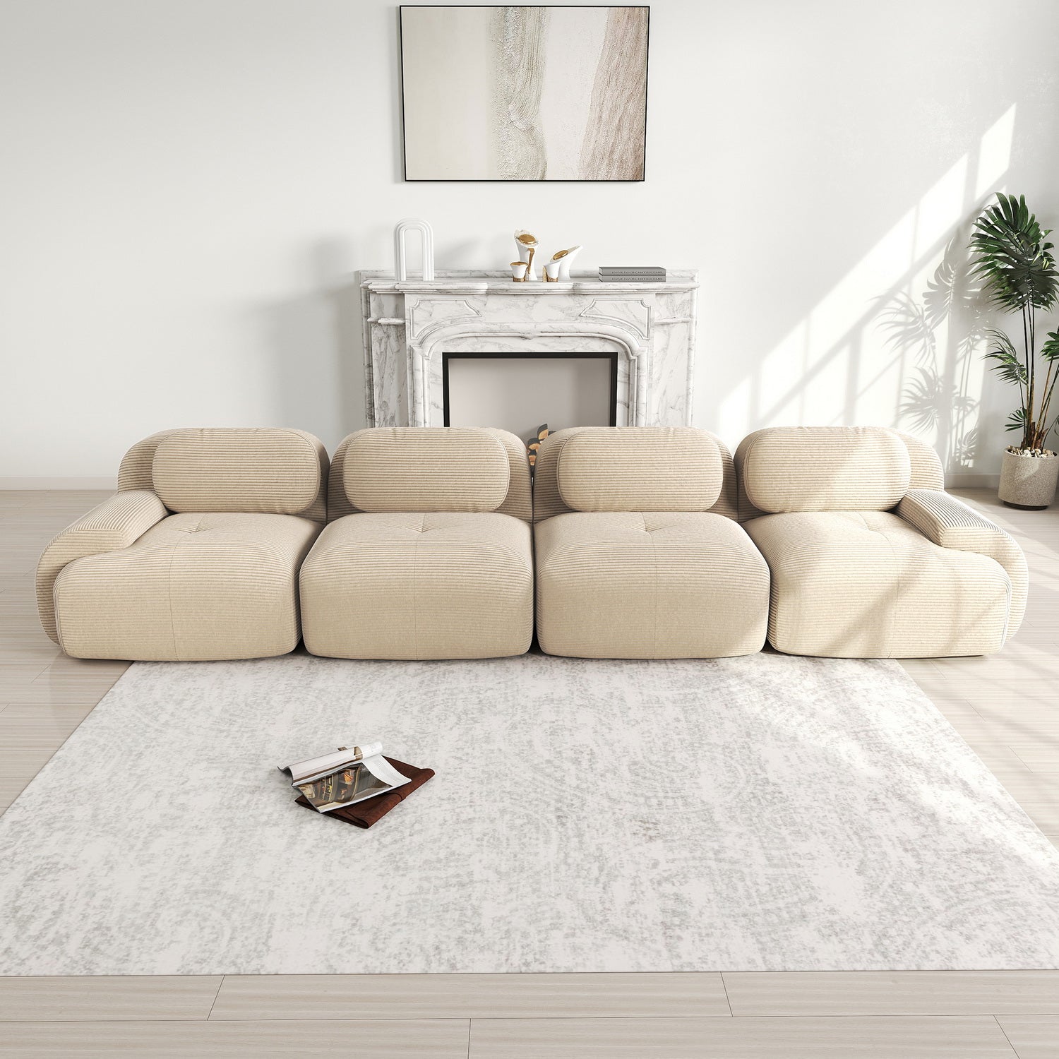 Ensemble de canapés avec accoudoirs incurvés et base antidérapante en tissu velours côtelé doux pour le salon, beige,siège 4