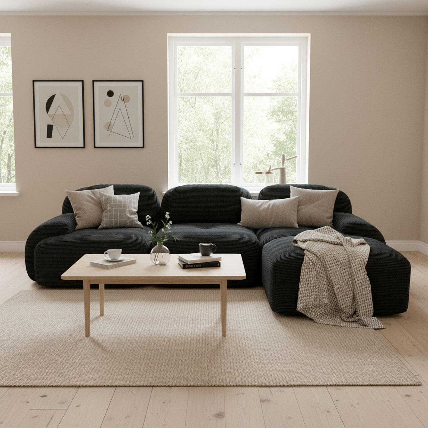 Ensemble de canapés avec accoudoirs incurvés et base antidérapante en tissu velours côtelé doux pour le salon, noir, siège 3 + tabouret 1