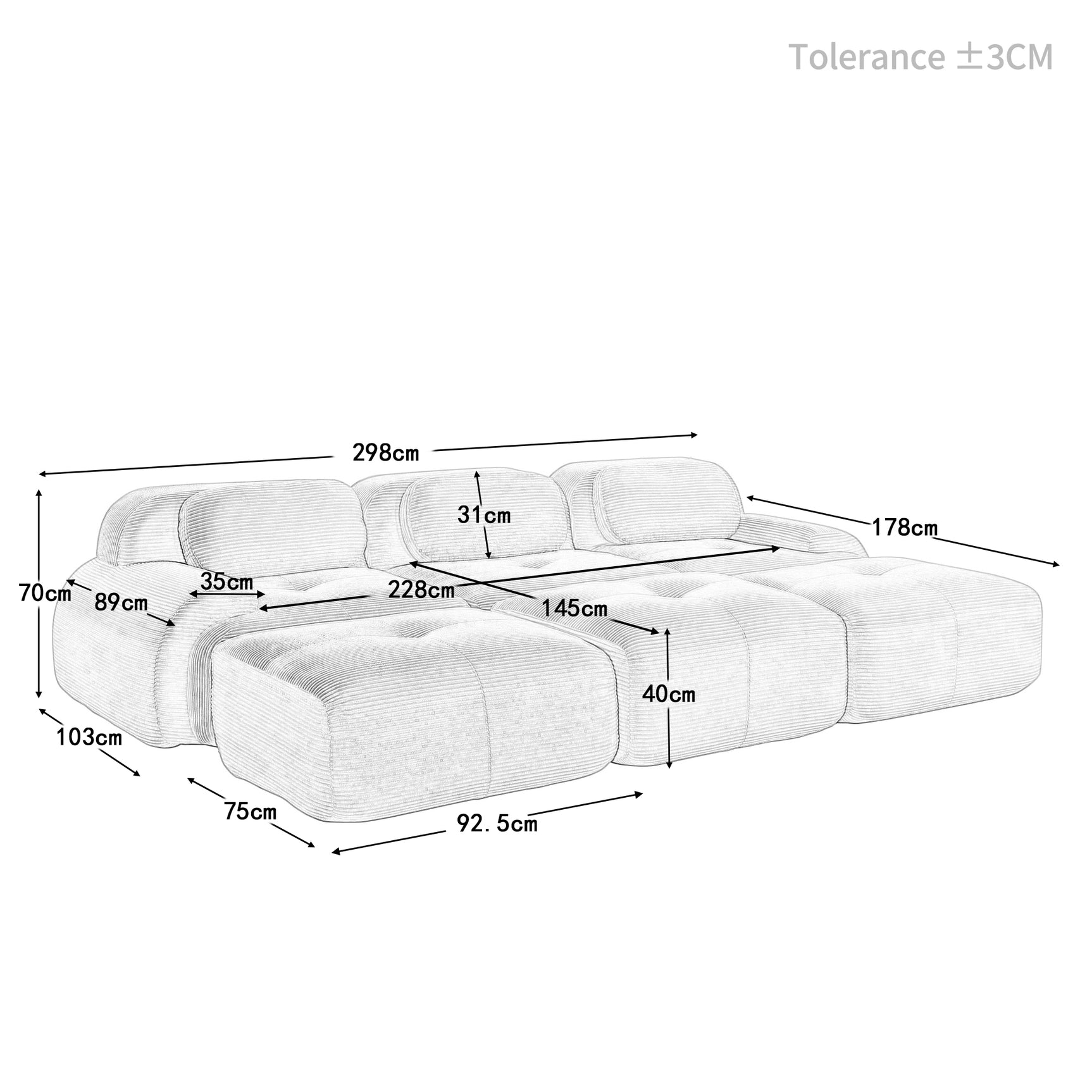 Ensemble de canapés avec accoudoirs incurvés et base antidérapante en tissu velours côtelé doux pour le salon, vert, siège 3 + tabouret 3