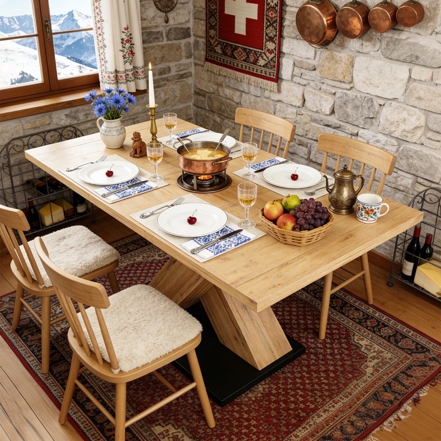 Table à manger télescopique extensible aspect bois avec pieds en croix