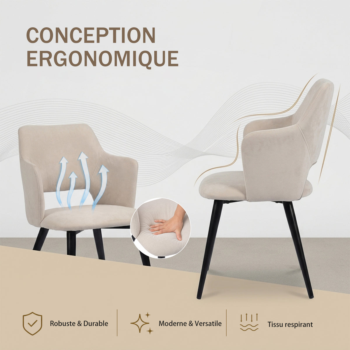 Ensemble de salle à manger comprenant une table extensible et 4 fauteuils avec accoudoirs en tissu beige