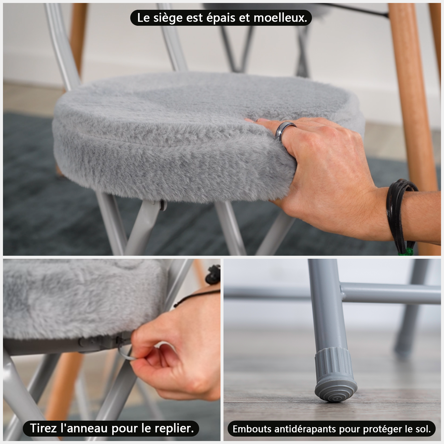 Set of 4 folding chairs/stools, round seat in fabric faux fur gray - Ernst