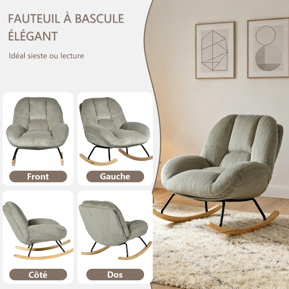 Fauteuil à bascule scandinave en velours côtelé avec accoudoirs pour salon ou chambre à coucher, gris - LITHOPS