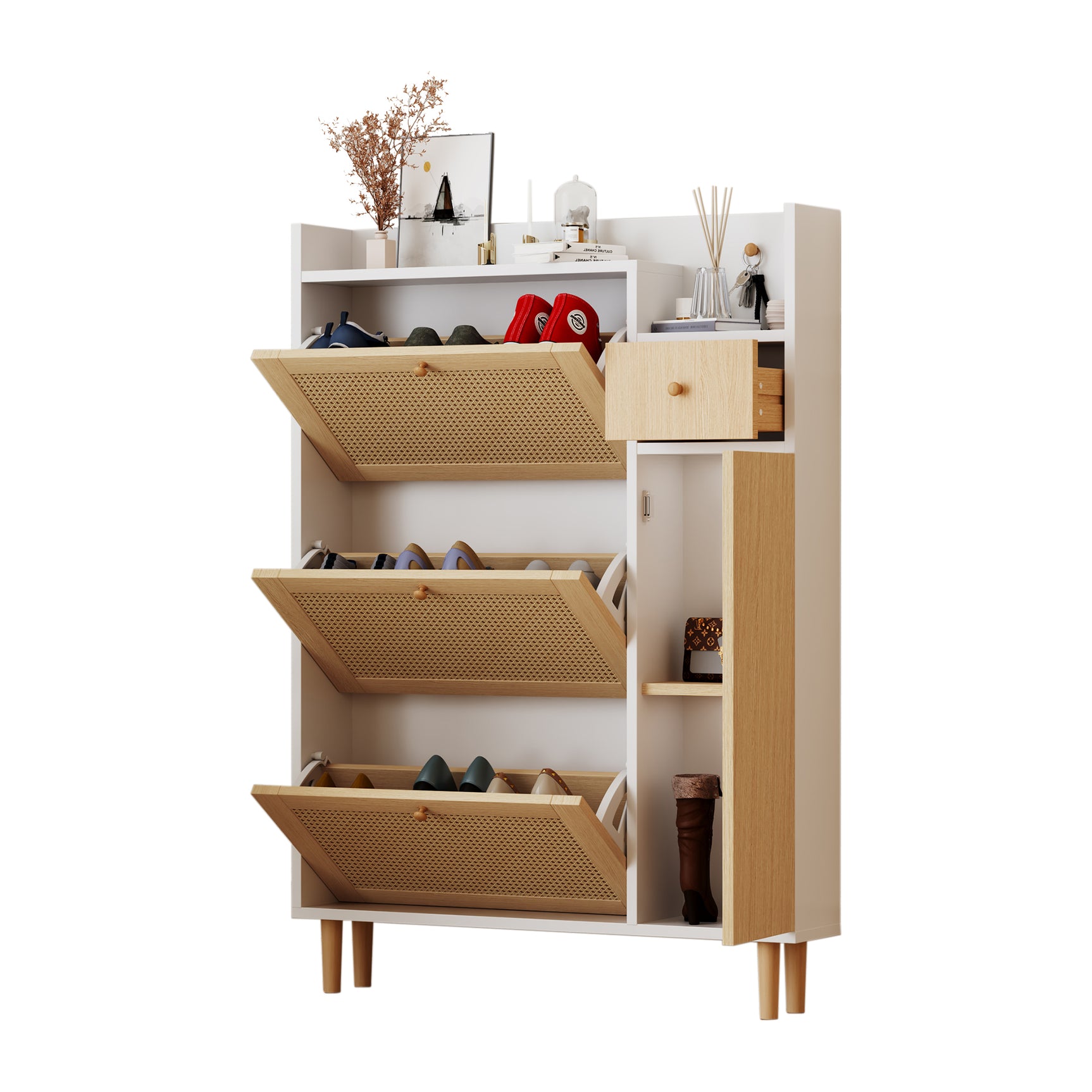 Meuble à chaussures en bois et rotin 90x17x125 cm avec 3 portes basculantes, 1 tiroir et pieds en bois massif, idéal pour entrée étroite et petits espaces