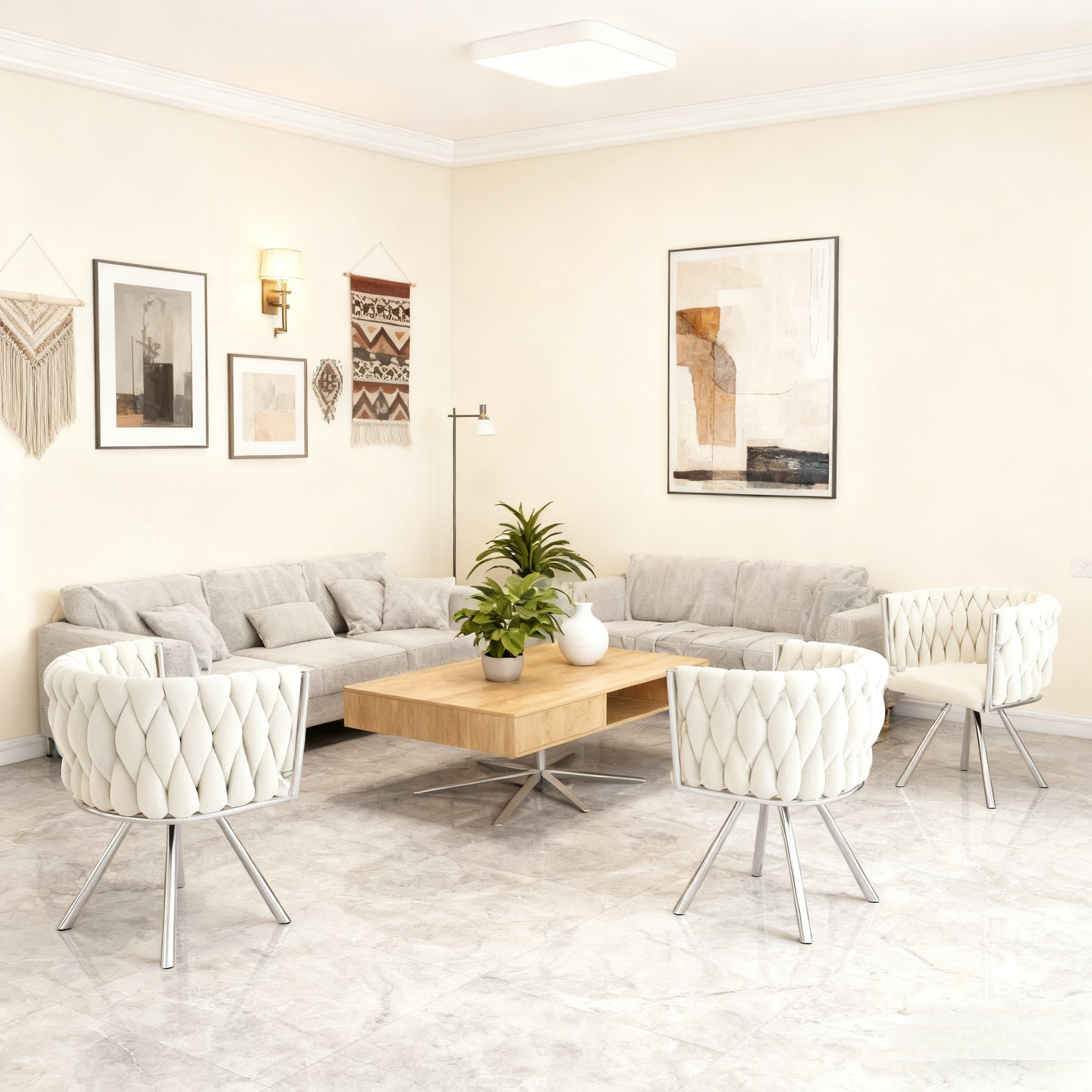 Lot de 4 chaises de salle à manger en velours Chaises pivotantes 360° luxueuses beige+argent avec pieds en métal pour salon et chambre à coucher