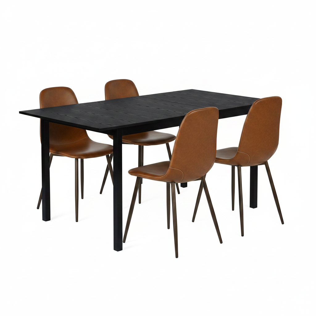 Runder Tisch in Walnussoptik Ø80 cm mit 4 schwarzen Samtstühlen, moderner und komfortabler Stil