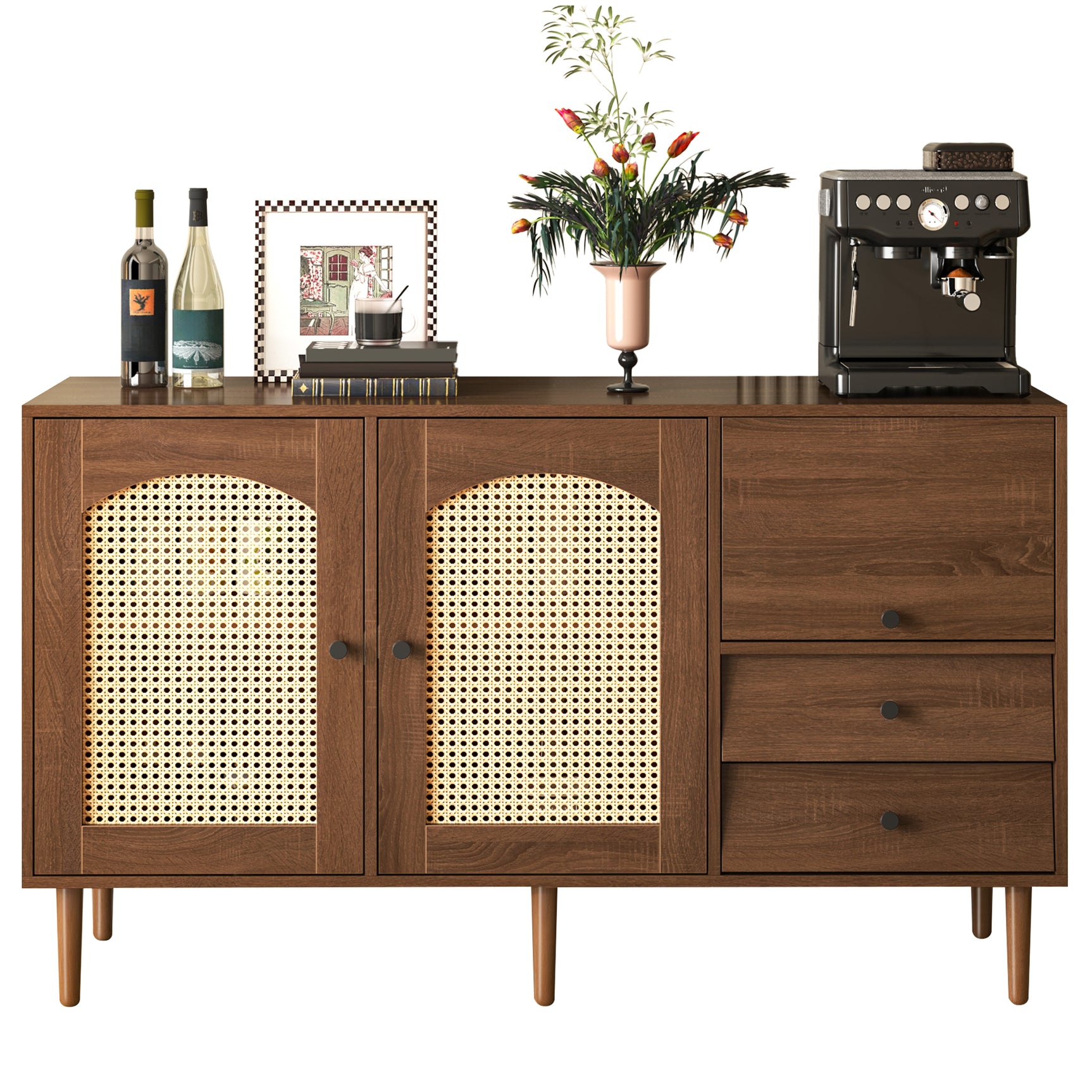 Holzbuffet -Kampagnenstil mit Konservenentüren, verstellbaren Regalen und Schubladen 130 × 75,5 × 40 cm