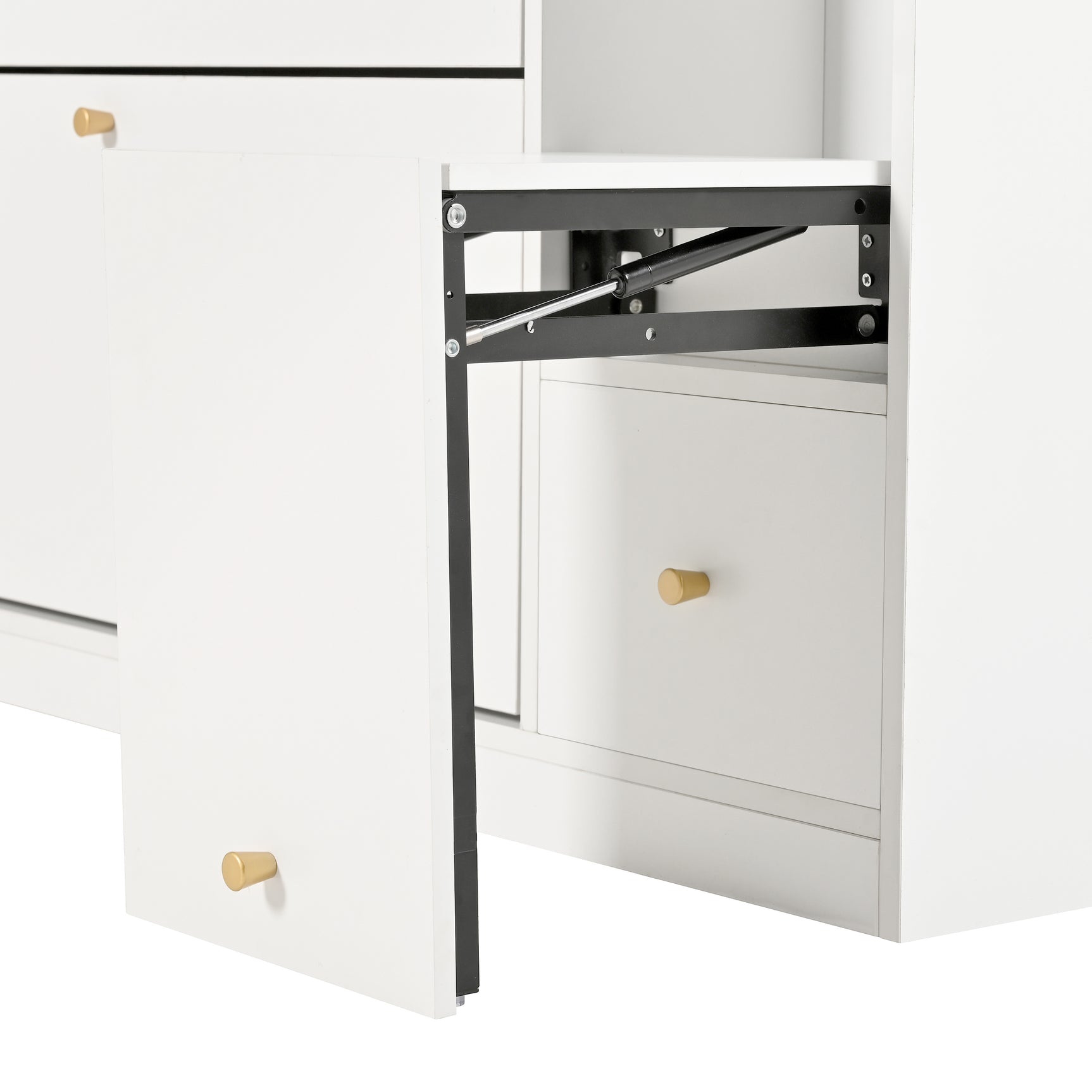 White shoe cabinet 119x24x122 cm with 3 tilting drawers, storage drawer, adjustable shelves and folding bench