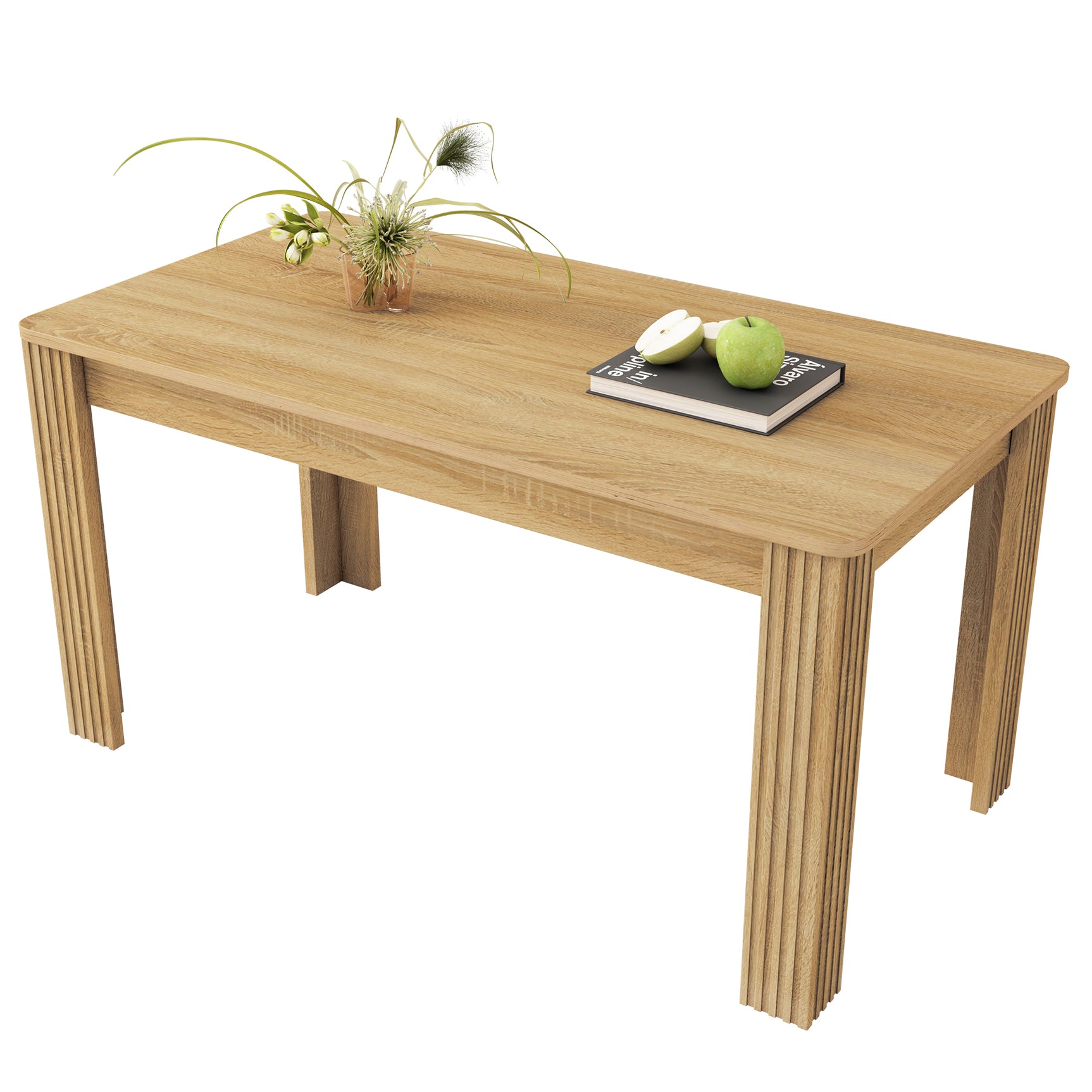 Table à manger rectangulaire en panneaux de particules finition chêne avec quatre pieds robustes