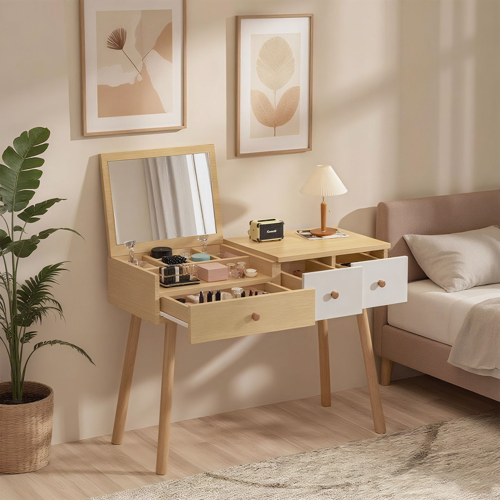 Coiffeuse en bois avec miroir rabattable, 3 tiroirs de rangement et design naturel blanc �100x40x78 cm