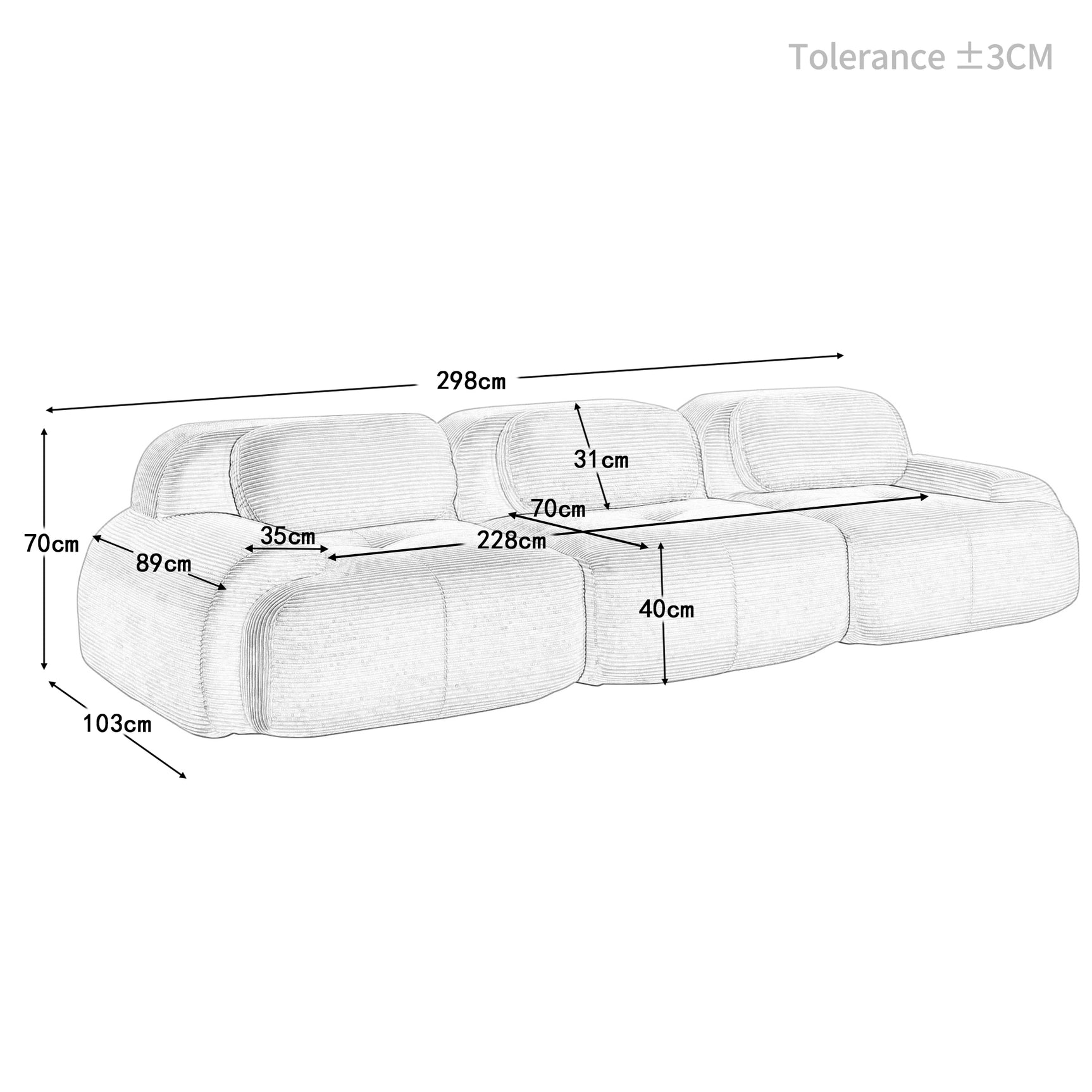 Ensemble de canapés avec accoudoirs incurvés et base antidérapante en tissu velours côtelé doux pour le salon, beige,siège 3