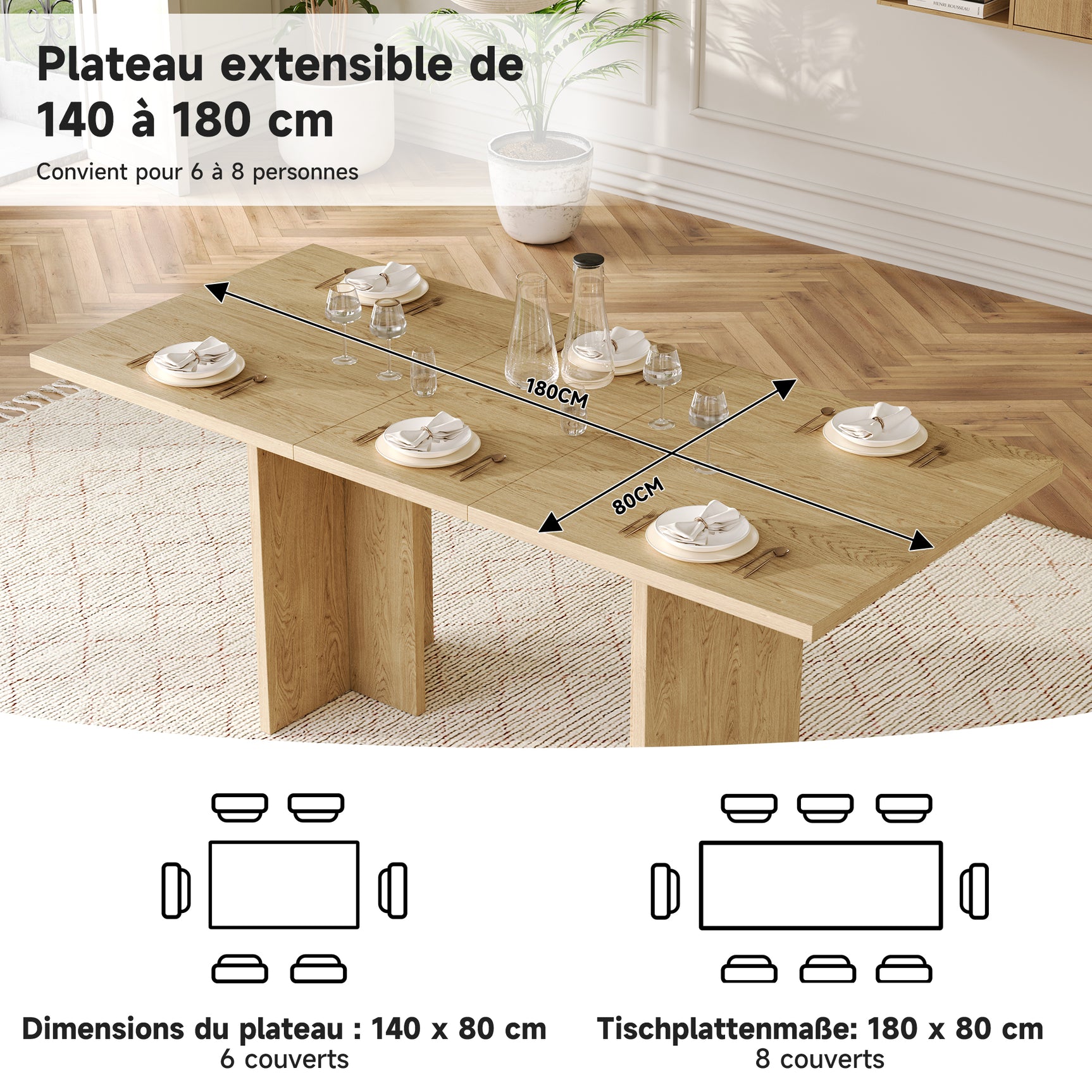 Table à manger extensible aspect chêne 140-180 cm style minimaliste moderne