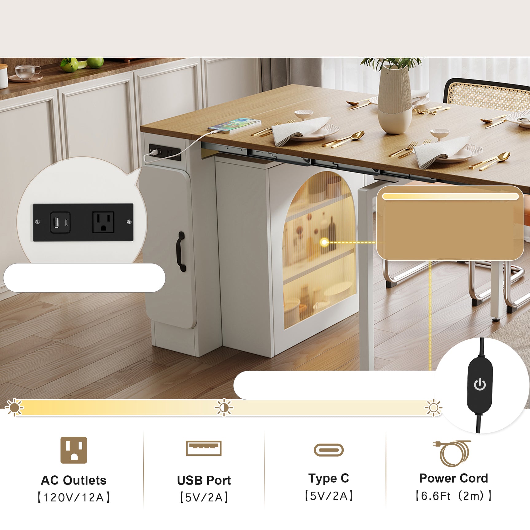 Îlot de cuisine mobile blanc avec plateau extensible et fonction de recharge