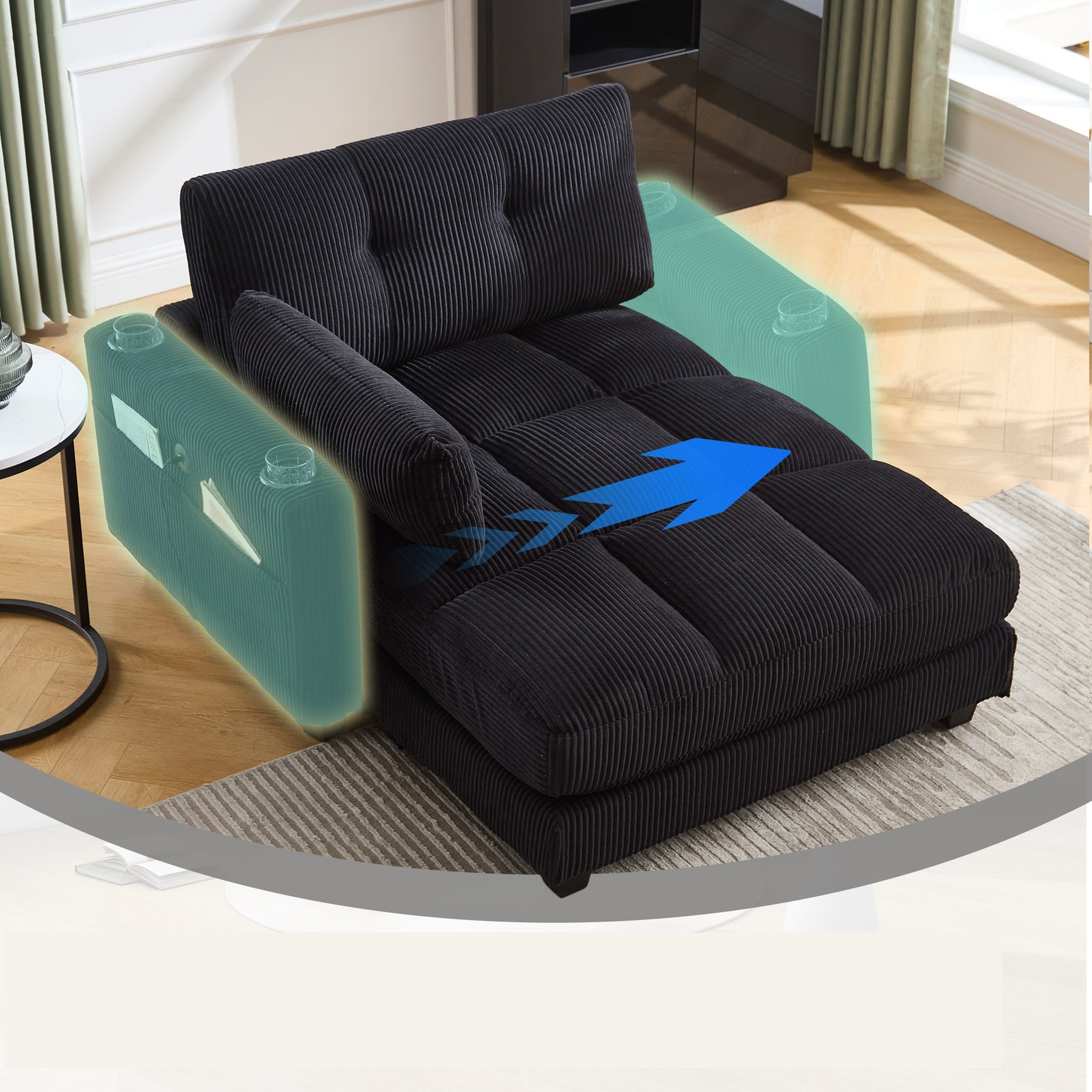 Canapé lounge moderne en velours côtelé avec porte-gobelets et poche latérale, noir