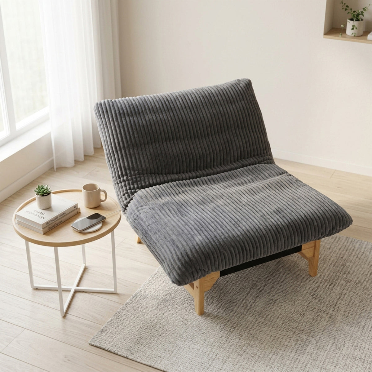 Lounge armchair with armrests in beige corduroy - DOMCO