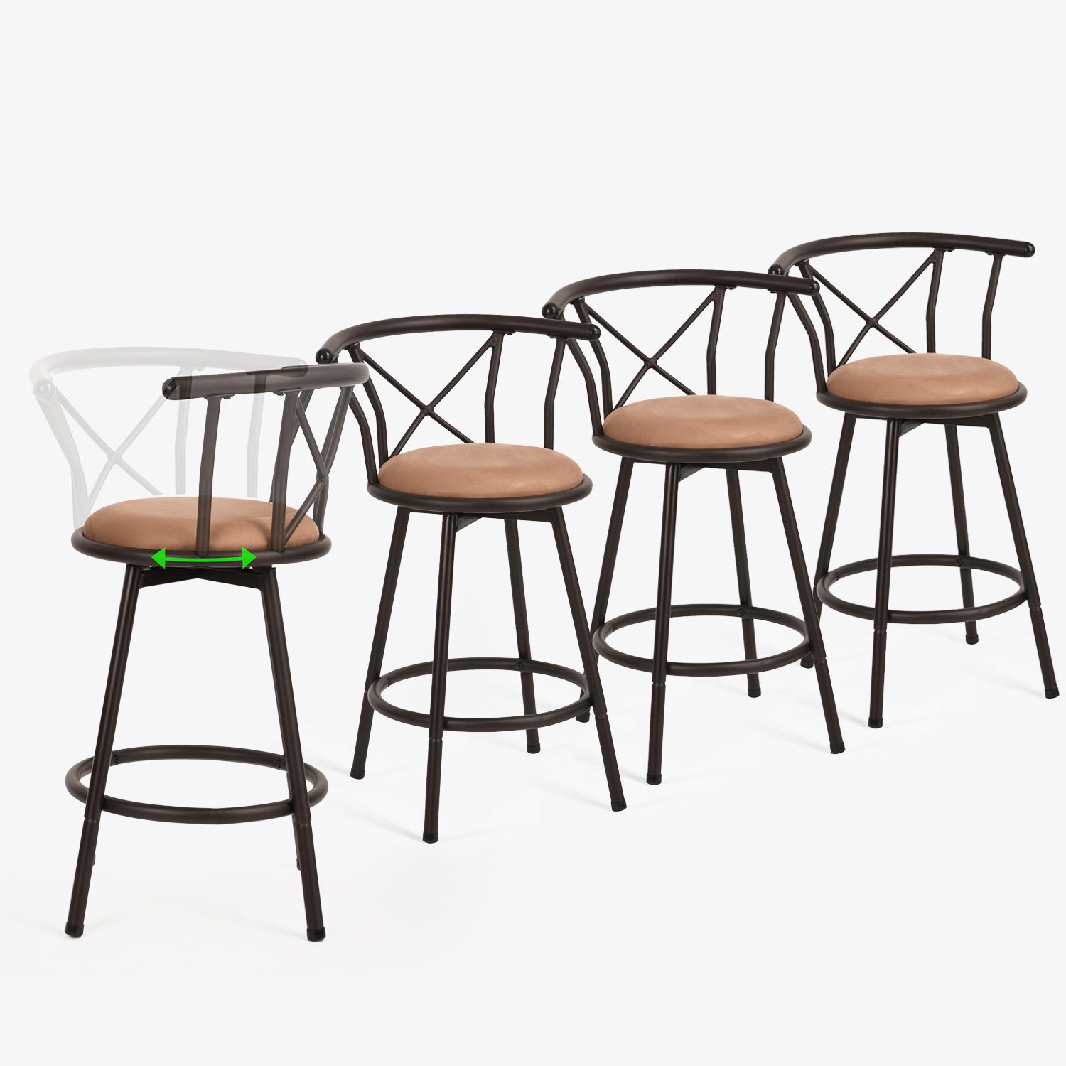 Lot de 4 tabourets de bar industriels pivotants avec dossier en tissu marron - HAILEY 24