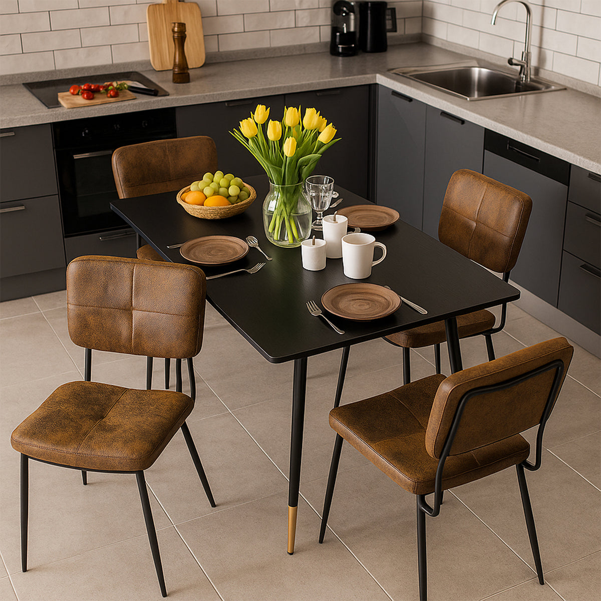 Round Table Table Table Table Timber Ø80 cm with 4 black velvet chairs, modern and comfortable style