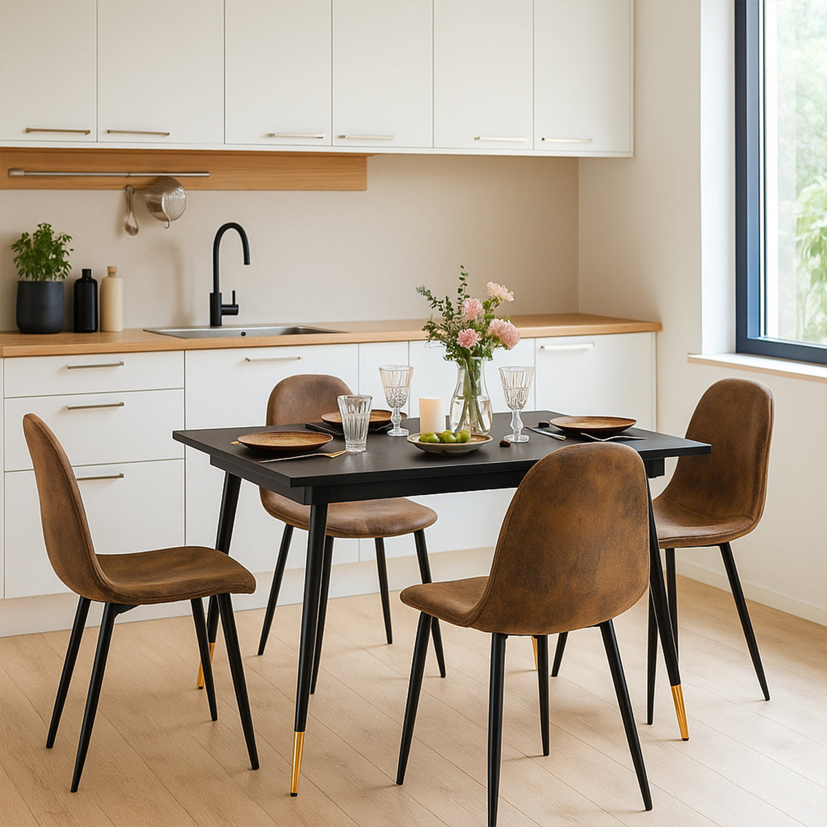 Ensemble de salle à manger de style scandinave comprenant une table extensible noire et 4 chaises en suédine marron