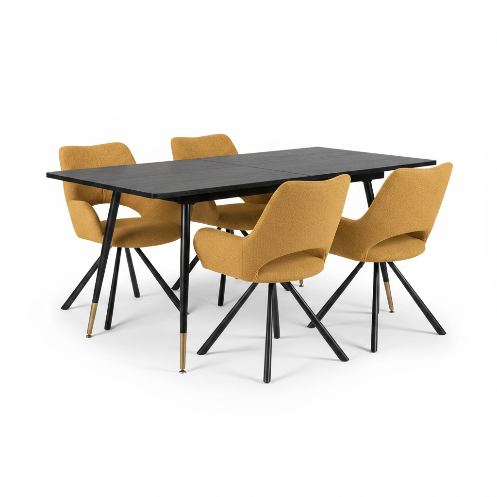 Runder Tisch in Walnussoptik Ø80 cm mit 4 schwarzen Samtstühlen, moderner und komfortabler Stil