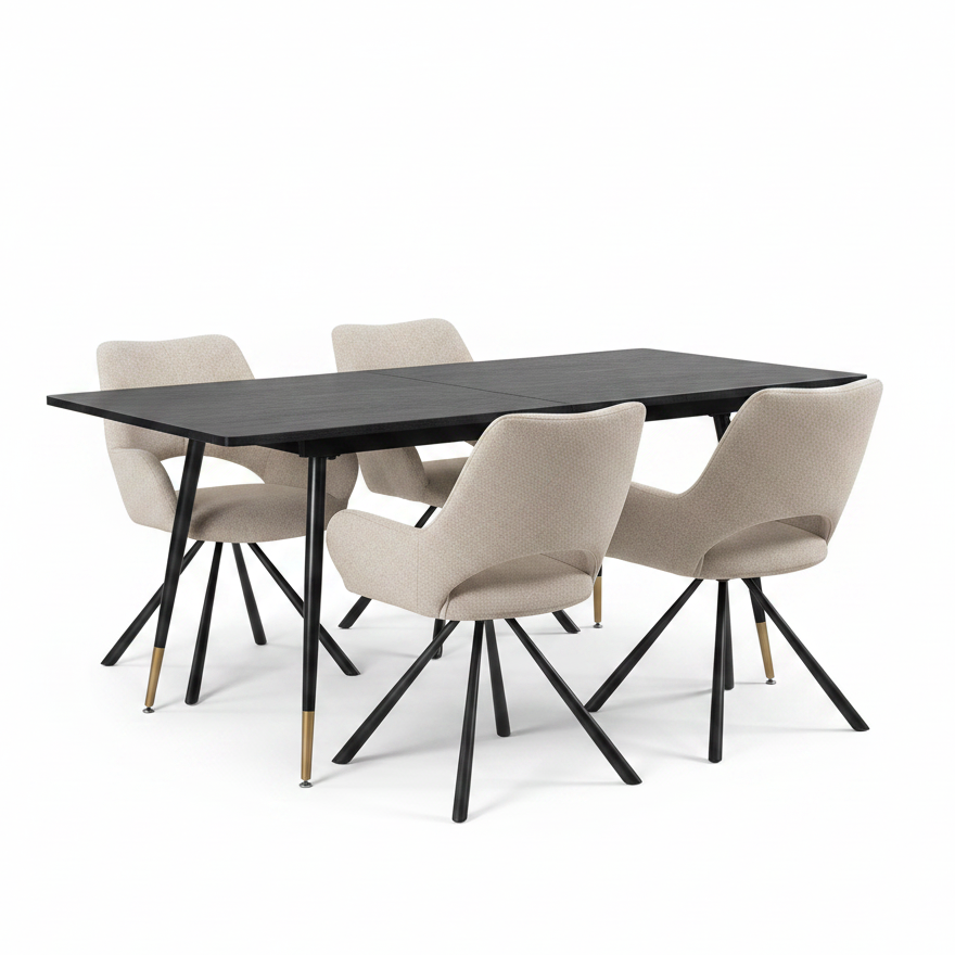 Round Table Table Table Table Timber Ø80 cm with 4 black velvet chairs, modern and comfortable style