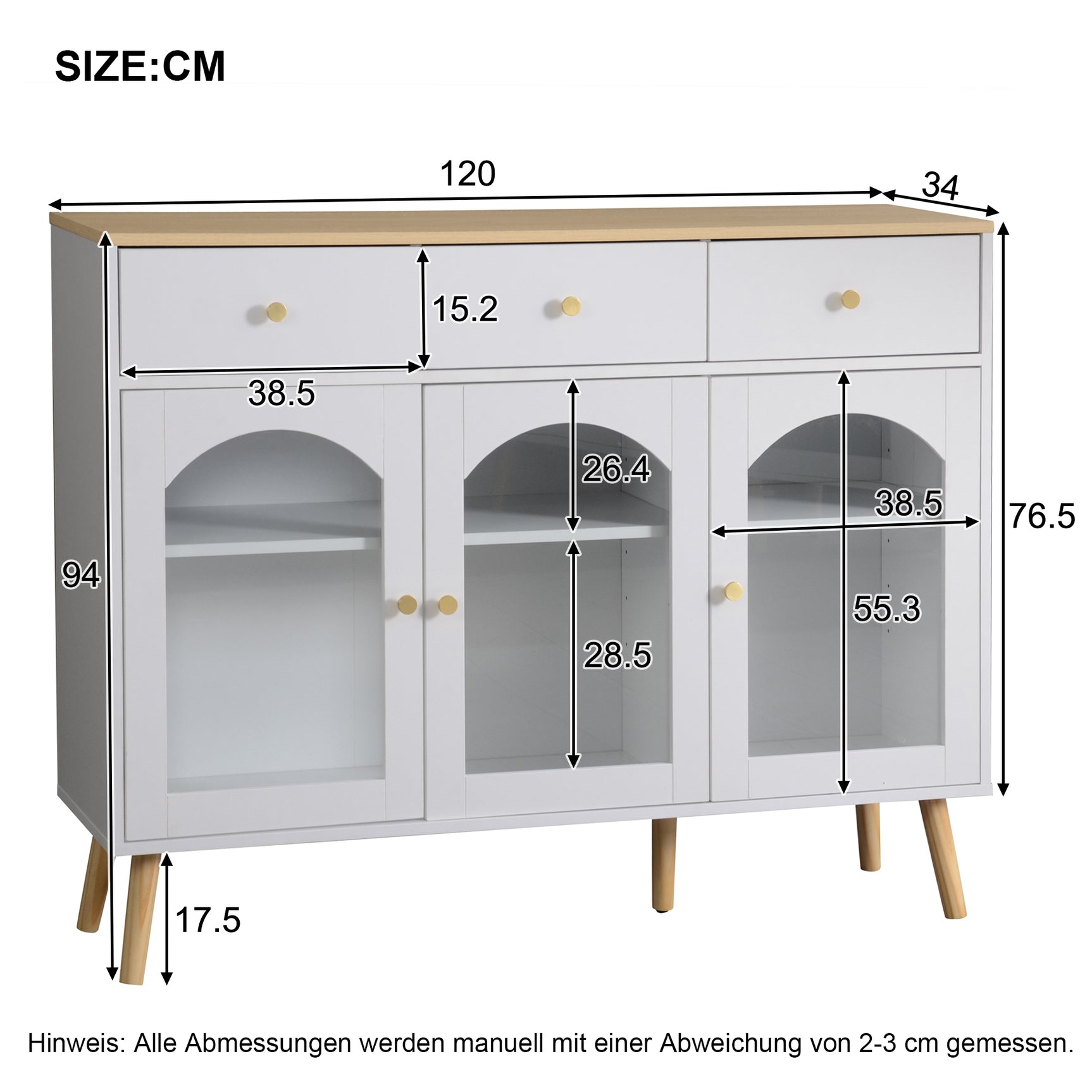 Weißes und natürliches Holzbuffet mit 3 Schubladen und 3 angepasste Tür in temperiertem Glas, großer eleganter Stauraum