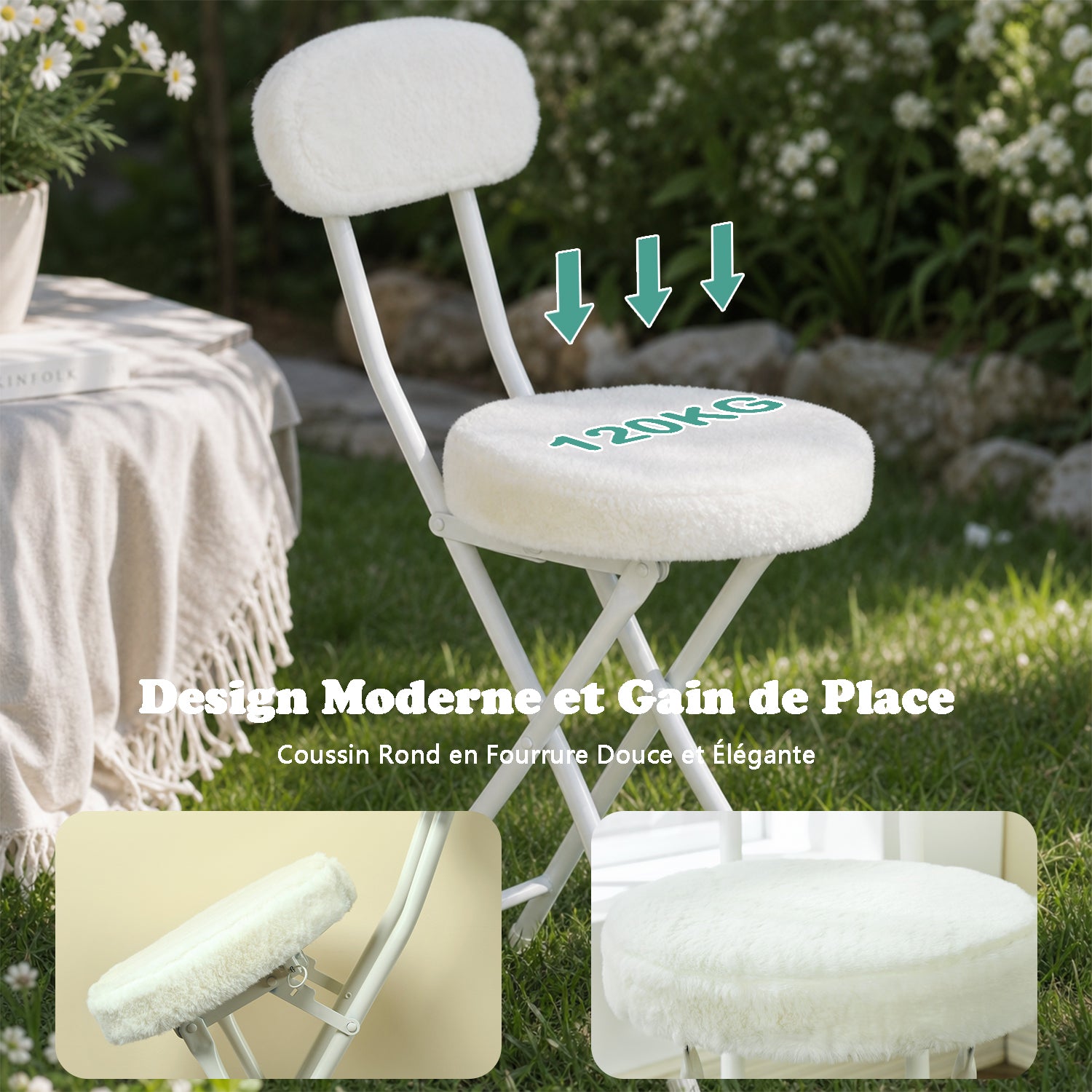 Ensemble de salle à manger de style scandinave comprenant une table ronde en chêne et quatre chaises pliantes blanches
