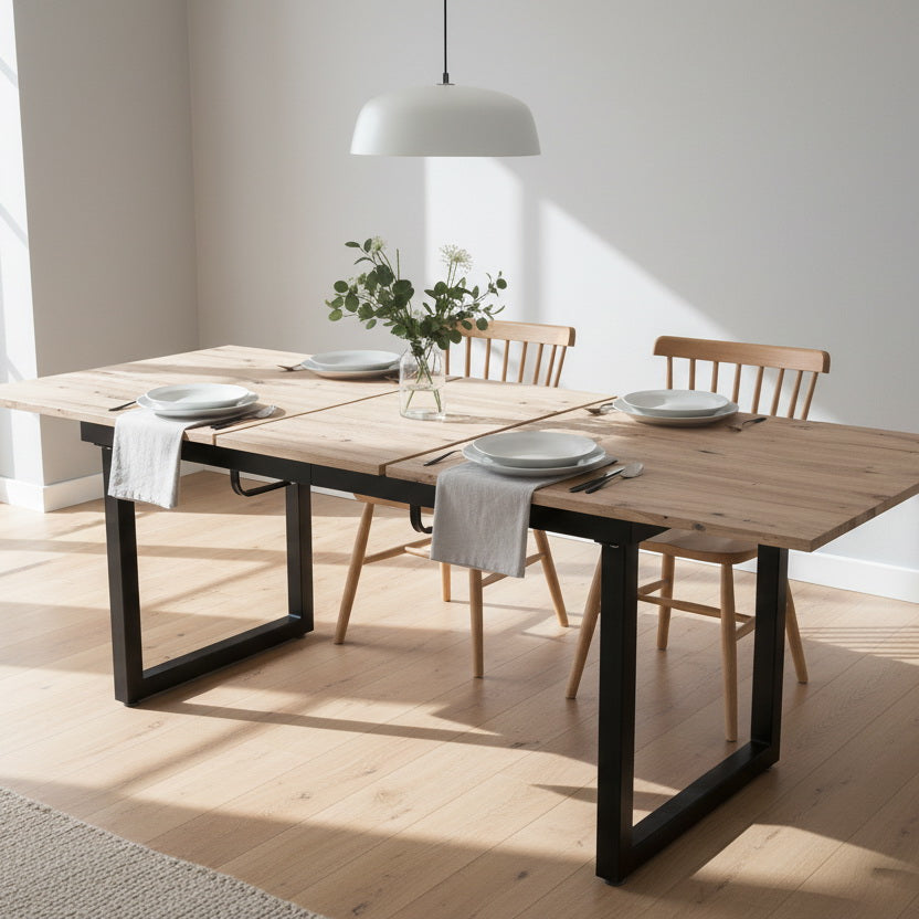 Table de salle à manger extensible rétro en bois avec structure en métal noir, style industriel