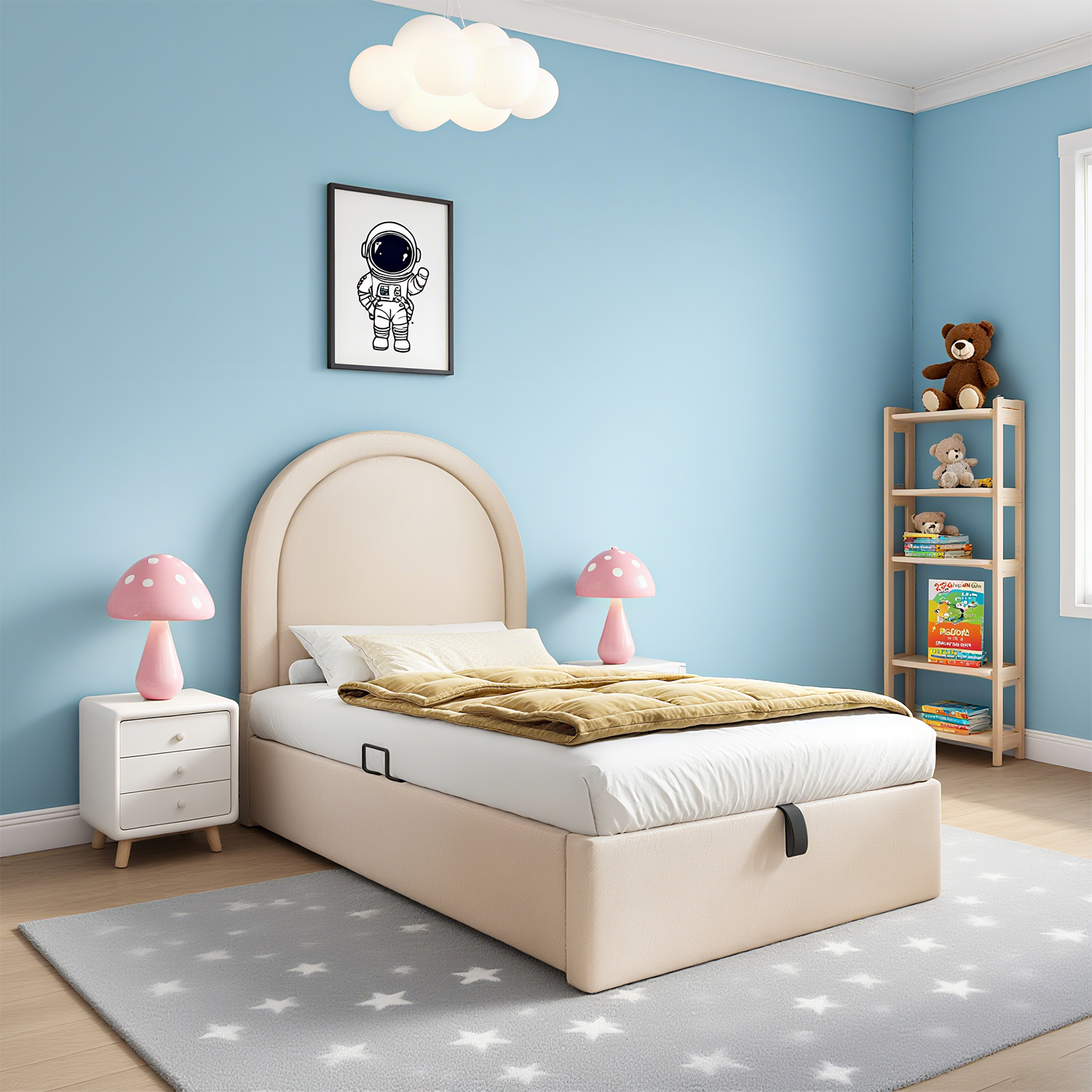 Children's bed 90 × 200 cm padded (without mattresses) in bed beige with arched headboard