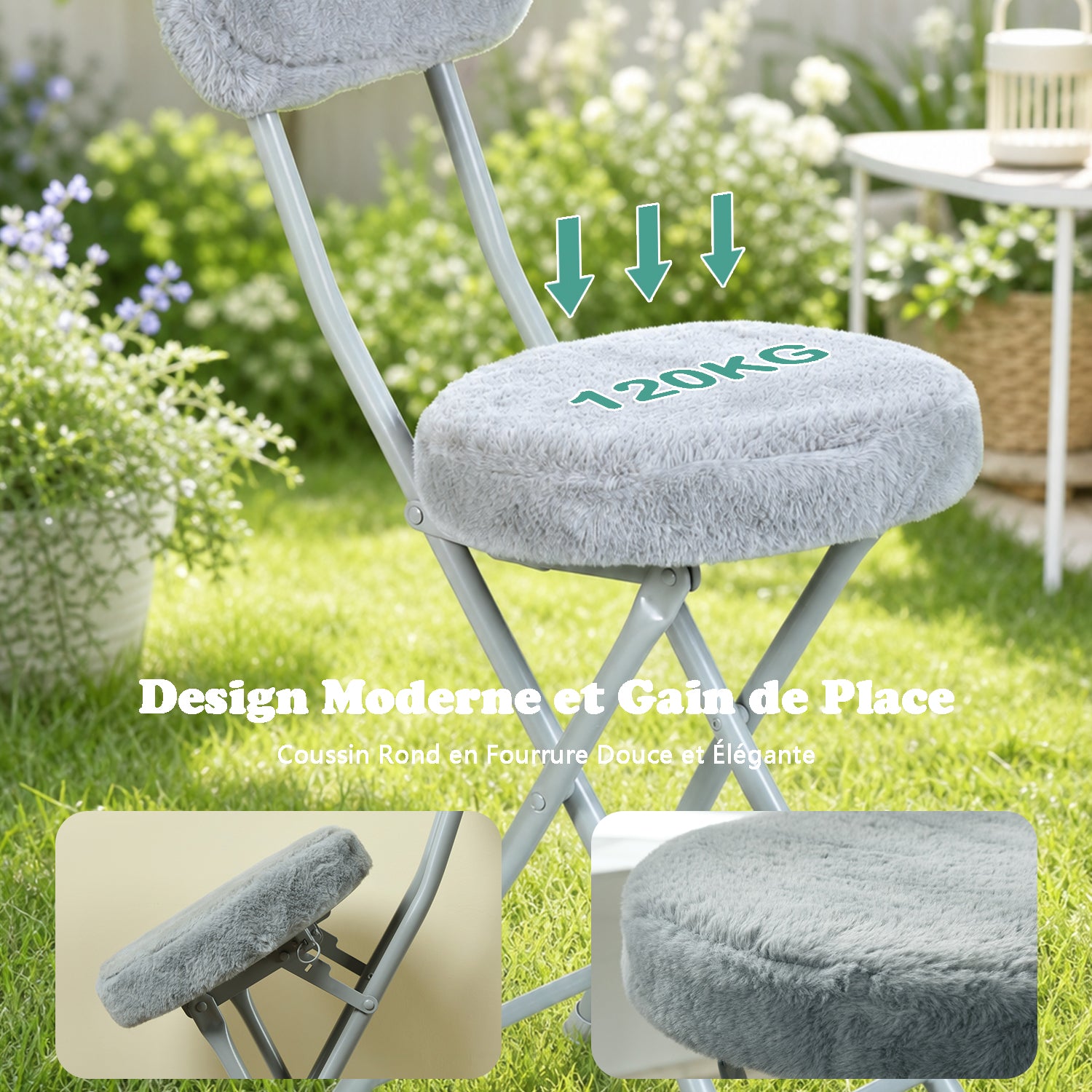 Ensemble de salle à manger de style scandinave comprenant une table ronde en chêne et quatre chaises pliantes grises