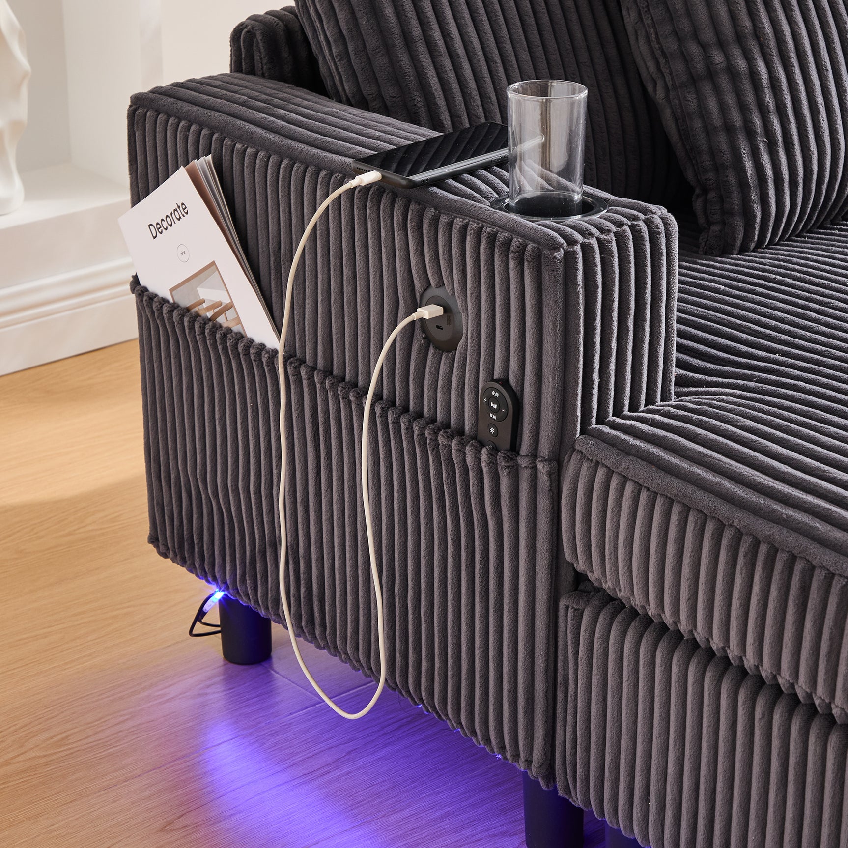 Canapé lounge en velours côtelé souple avec ports USB et éclairage d'ambiance LED, gris
